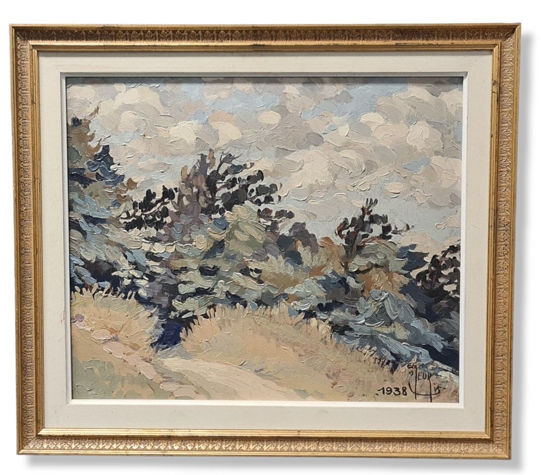 Emmanuel MEURIS (1894-1969). 埃马纽埃尔-缪里斯（1894-1969）。有针叶树的风景，1938年。板上油彩。尺寸：35 x 42厘&hellip;