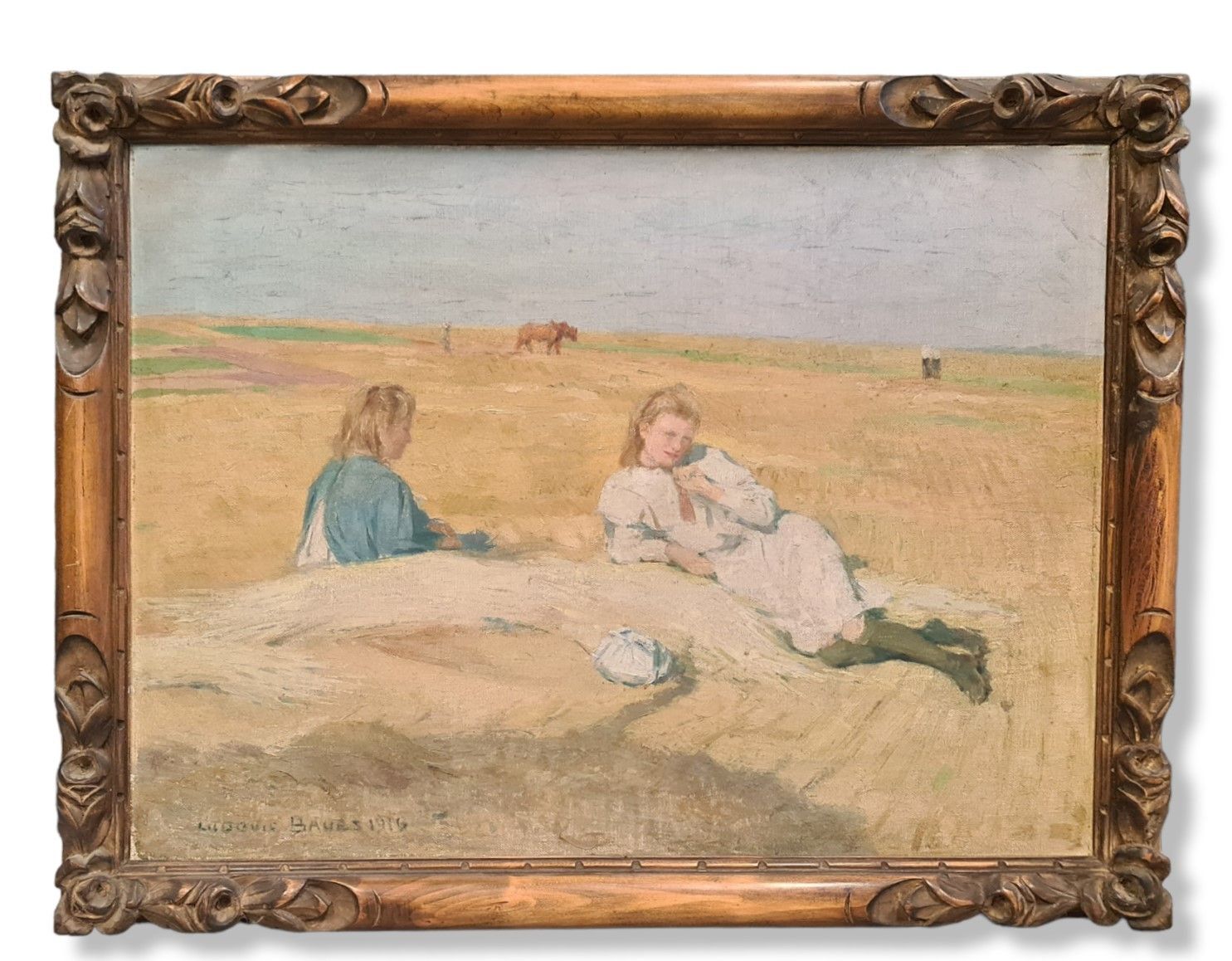 Ludovic BAUËS (1864-1937). 路德维克-鲍埃斯（1864-1937）。在田间休息的年轻妇女。背景是：一匹犁马和两个修女在行走。板上油彩。&hellip;