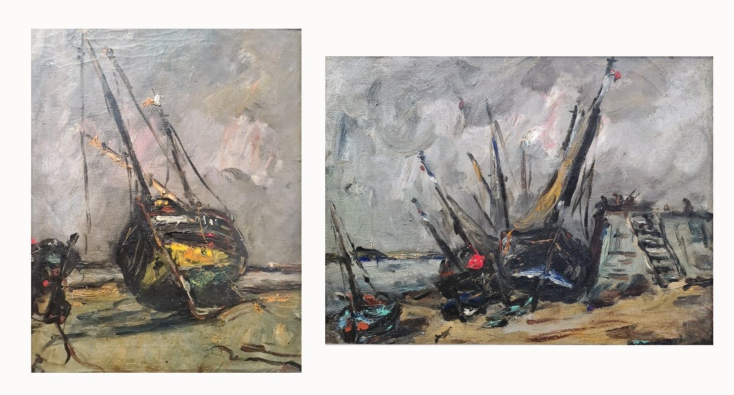 Armand JAMAR (1870-1946) 阿尔芒-贾马尔（1870-1946）。干船坞中的船只。拍品为两幅无签名的布面油画。尺寸：40 x 30和29 &hellip;