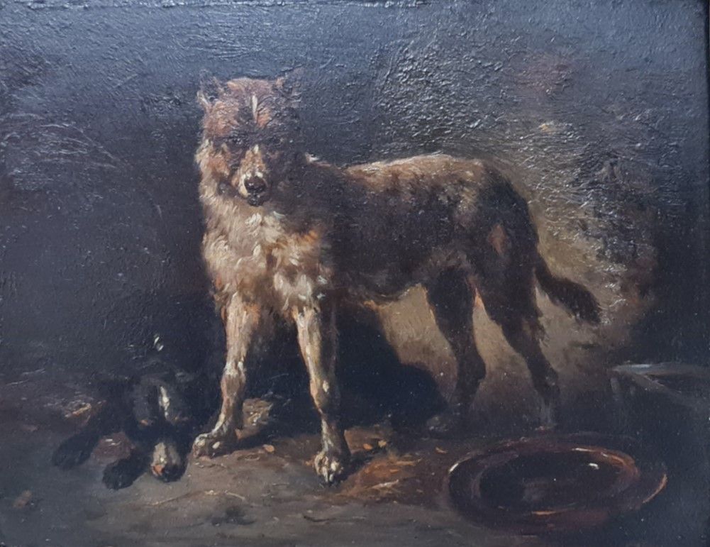 Null Study of dogs in the stable. Oil on panel XIXth century signed Declerq. Dim&hellip;