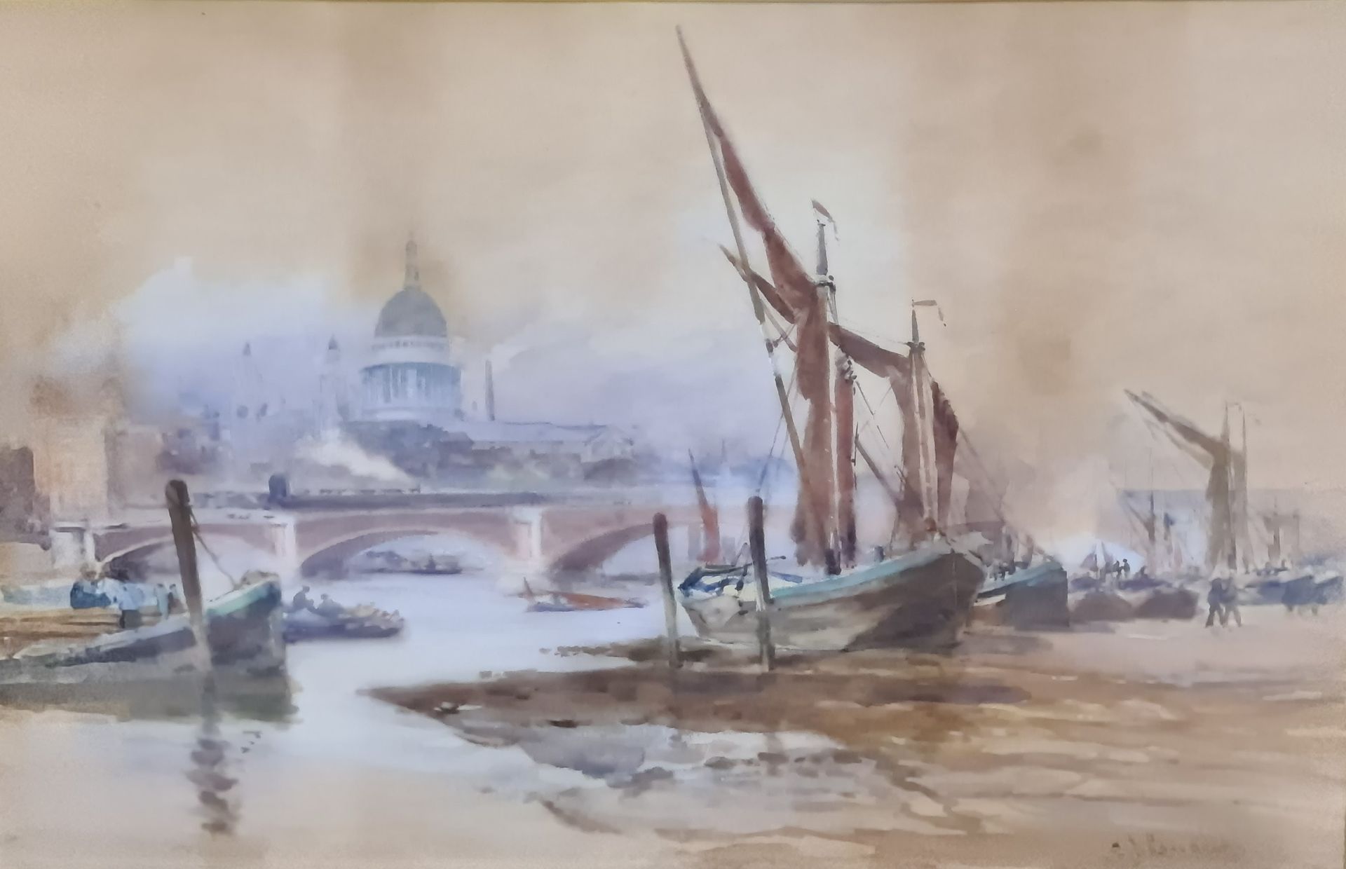 Charles James LAUDER (1841-1920) 查尔斯-詹姆斯-劳德（1841-1920）。泰晤士河。水彩画。尺寸：53 x 26厘米。

查&hellip;