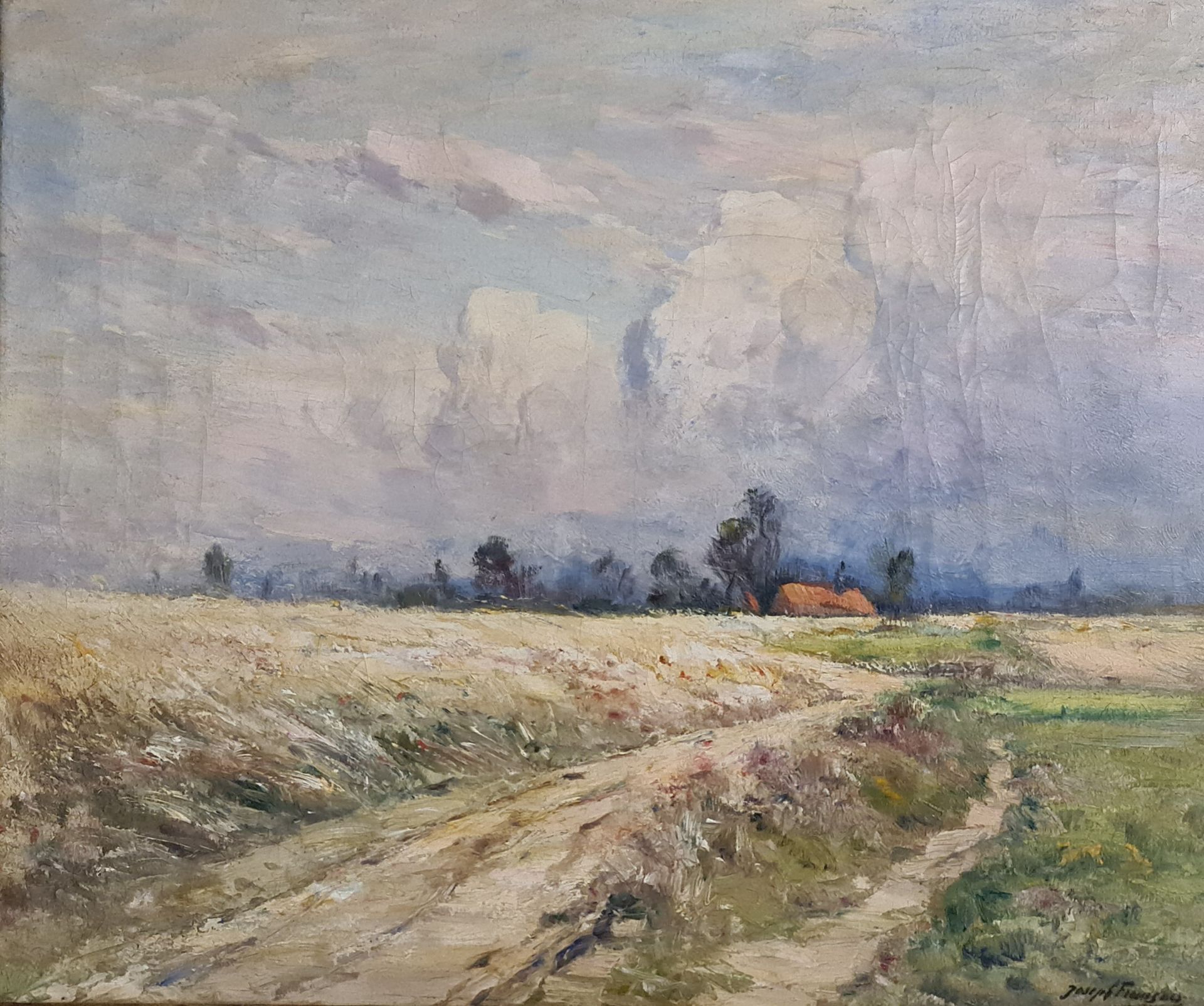 Joseph François (1851-1940) 约瑟夫-弗朗索瓦（1851-1940）。乡村的暴风雨天空。布面油画。美丽的鎏金框架。尺寸：50 x 60&hellip;