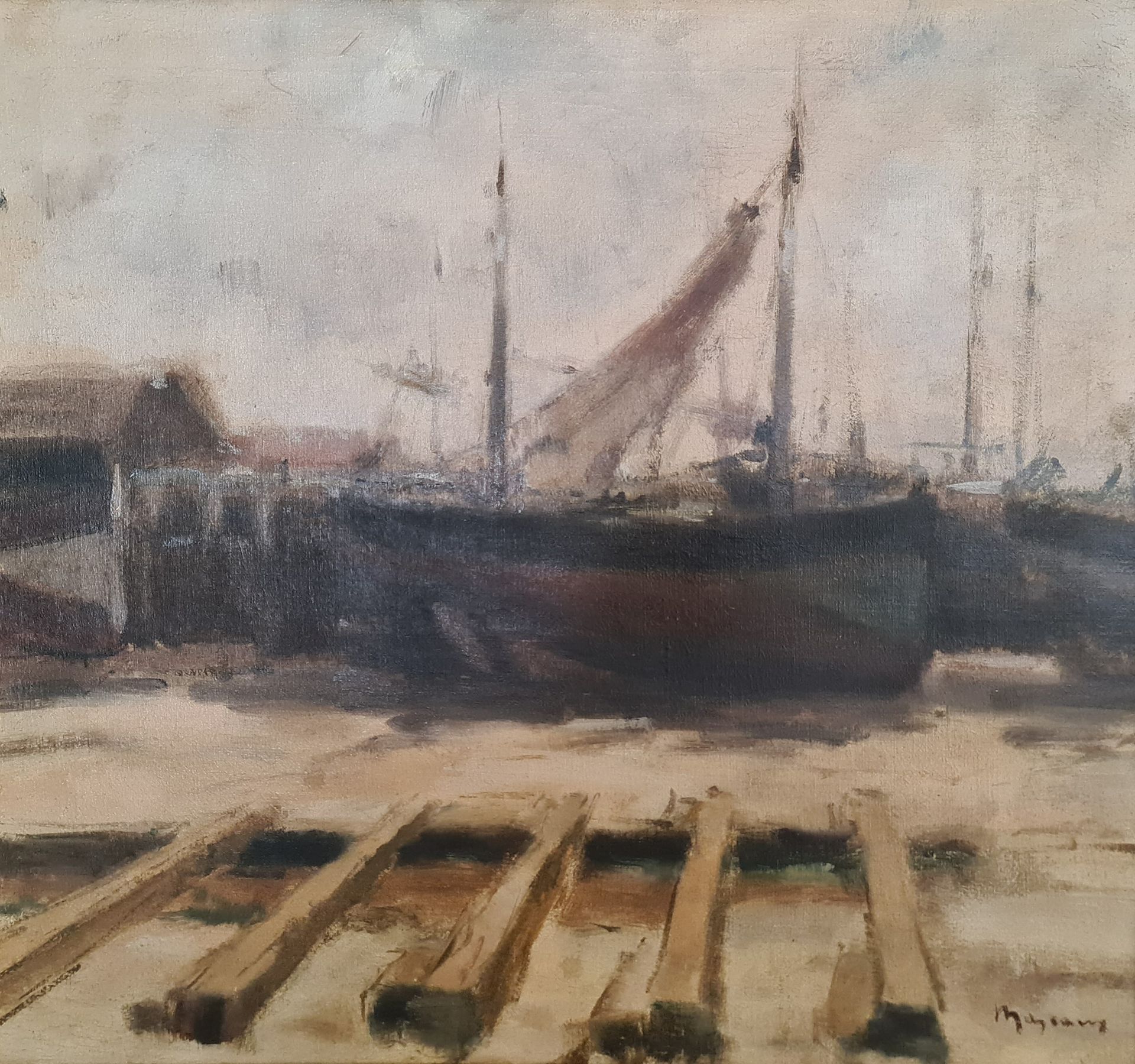 Albert MASCAUX (1900-1963) Albert MASCAUX (1900-1963)。在干船坞的船。布面油画。尺寸：60 x 56厘米。
&hellip;