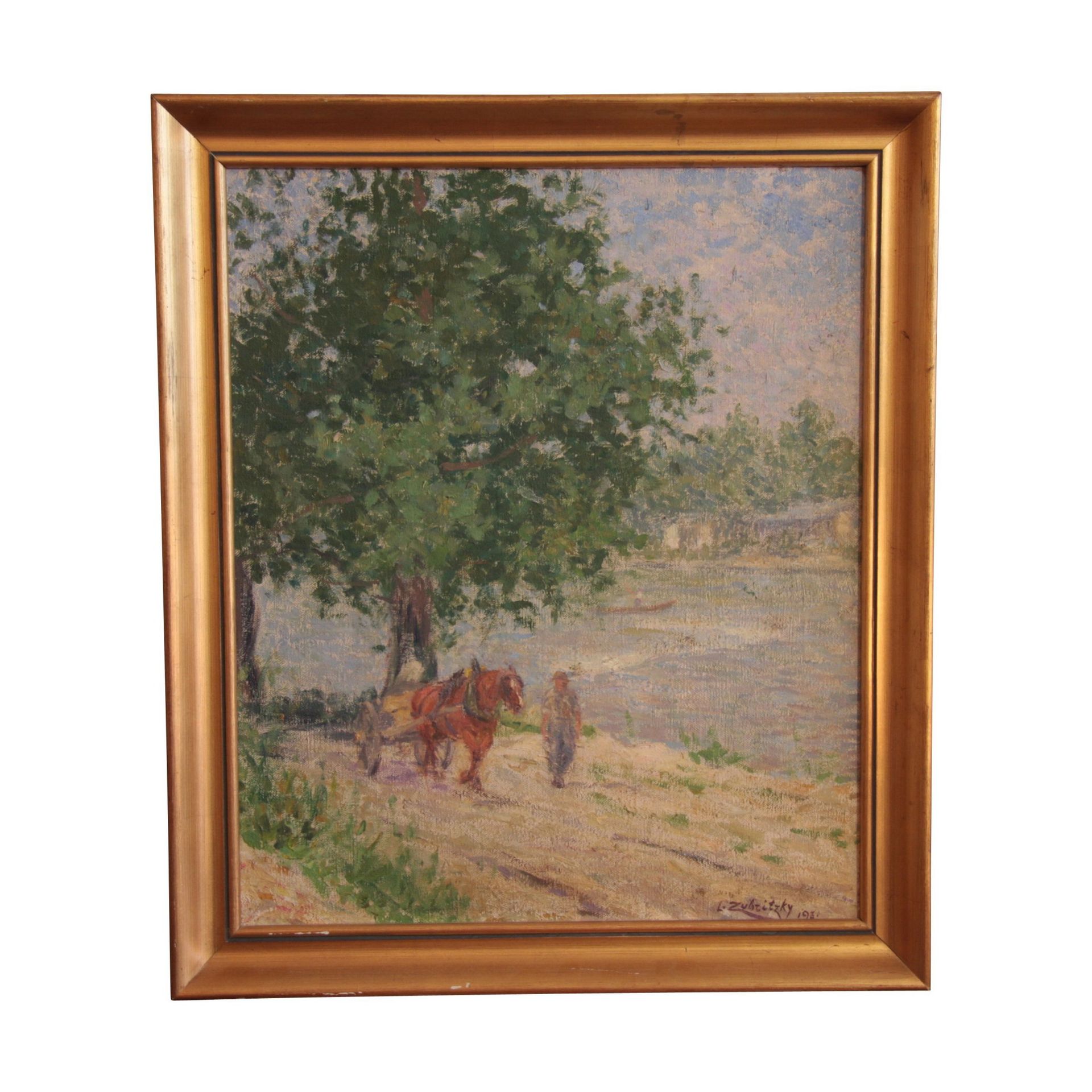 Null 1 Tableau huile sur toile “Cheval au bord de l’Arve à Genève”, daté 1931 et&hellip;