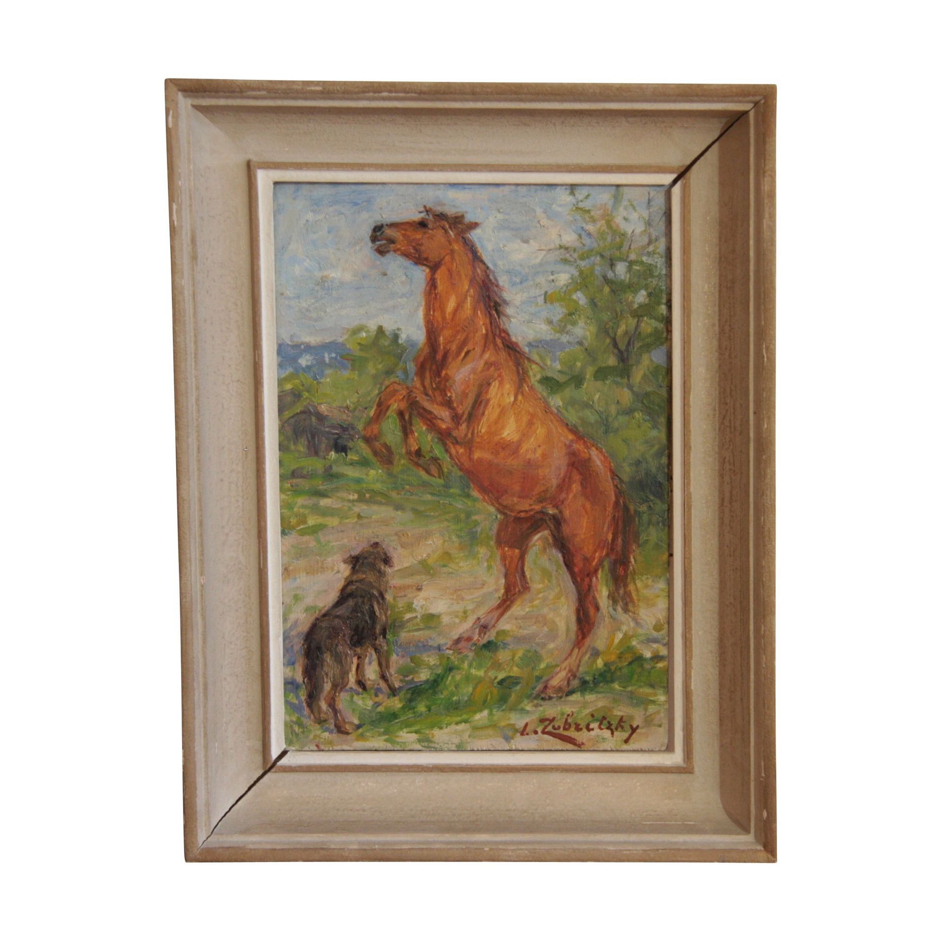 Null 1 Tableau huile sur bois “Cheval cabré du cirque Knie”, signé en bas à droi&hellip;