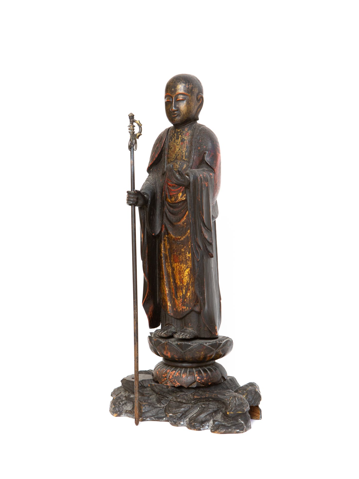 Null 日本，19世纪

美丽的雕塑表现了佛祖地藏王菩萨（梵语为Ksitigharba）扮演的流动僧人。在12/13世纪的镰仓风格中，他被描绘成站立，右手拿着&hellip;