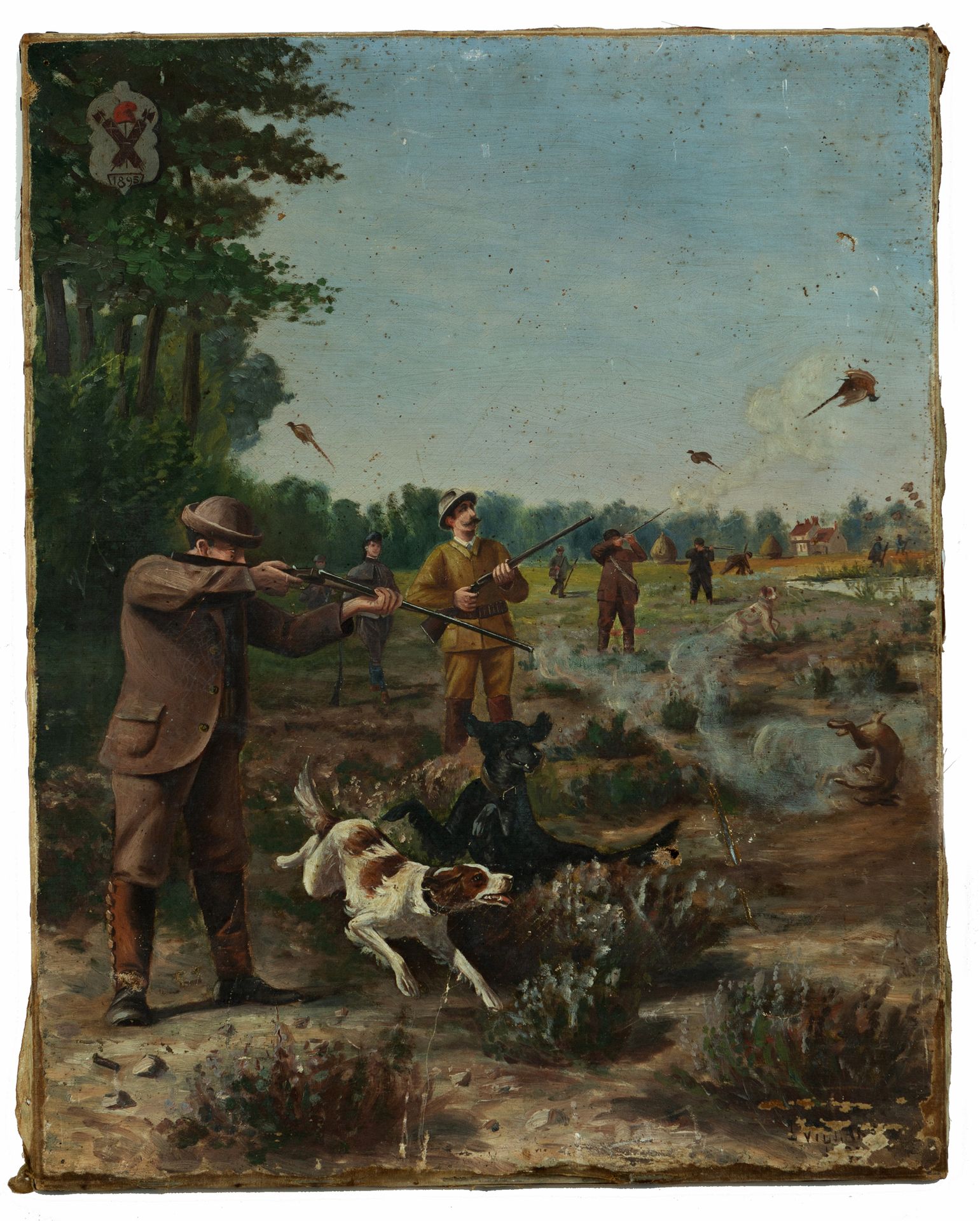 Null 19世纪末的法国学校

狩猎场景

布面油画，右下角署名E.VILLA...，日期为1895年

在左上角，有一个纹章，上面有两个骑士的横梁，上面有一&hellip;