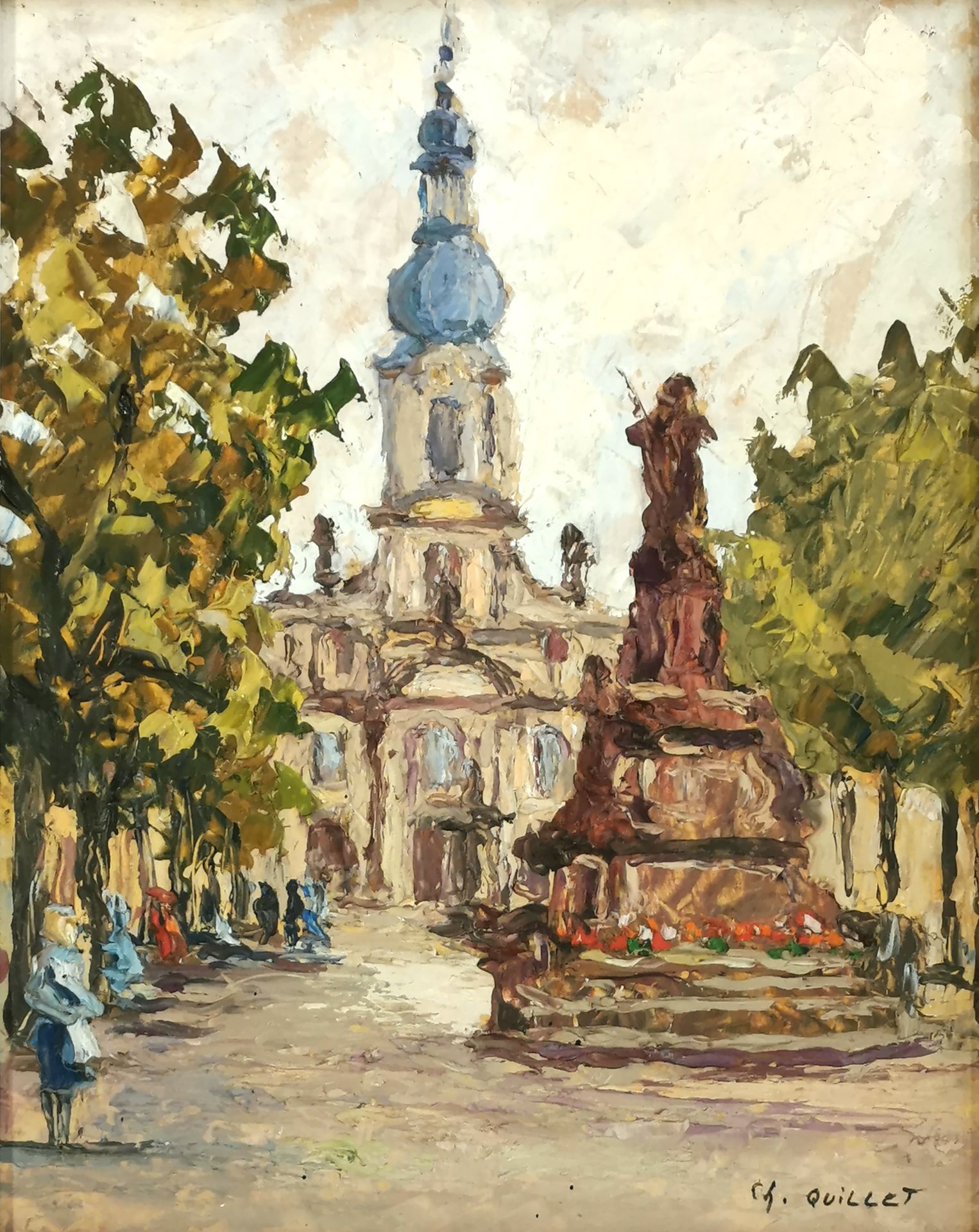 Null 查尔斯-奎利特（1917-1987年）

教堂广场

纸板上的油彩，背面有签名和献词

40,5 x 32,5 cm

有框