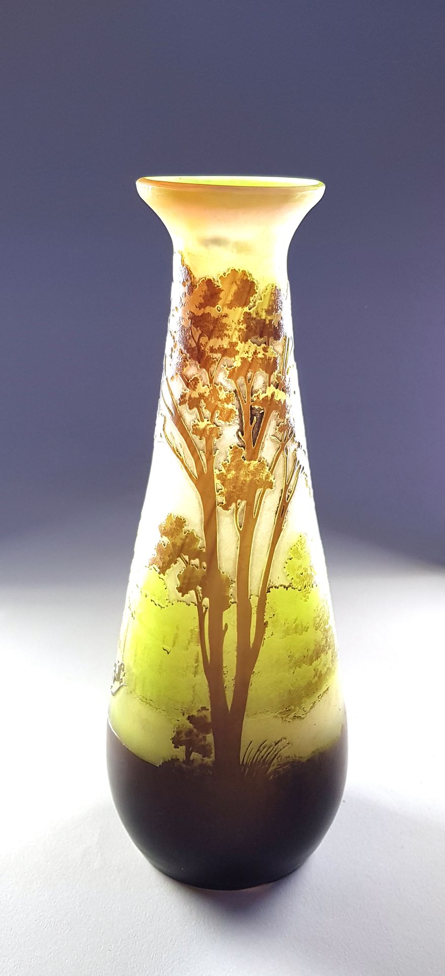Null 加莱机构(1904-1936)

"湖泊景观"。

喇叭形花瓶，颈部外翻

多层玻璃证明，酸蚀装饰，灰色背景上的棕色和绿色处理，有绿色阴影

签名为G&hellip;