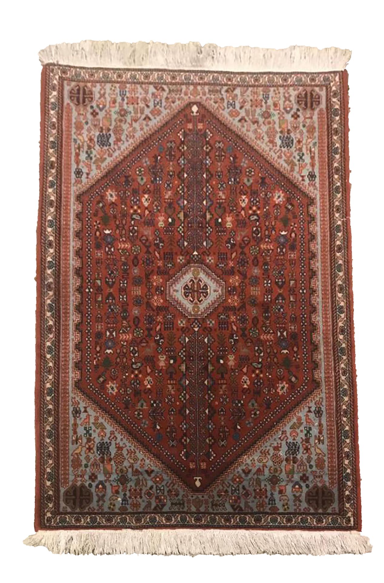 Null Abadeh地毯 - 伊朗

约1980年

尺寸：123 x 82 cm

技术特点 : 羊毛天鹅绒，棉质底板

总体状况良好

鲑鱼粉色的场地上装&hellip;