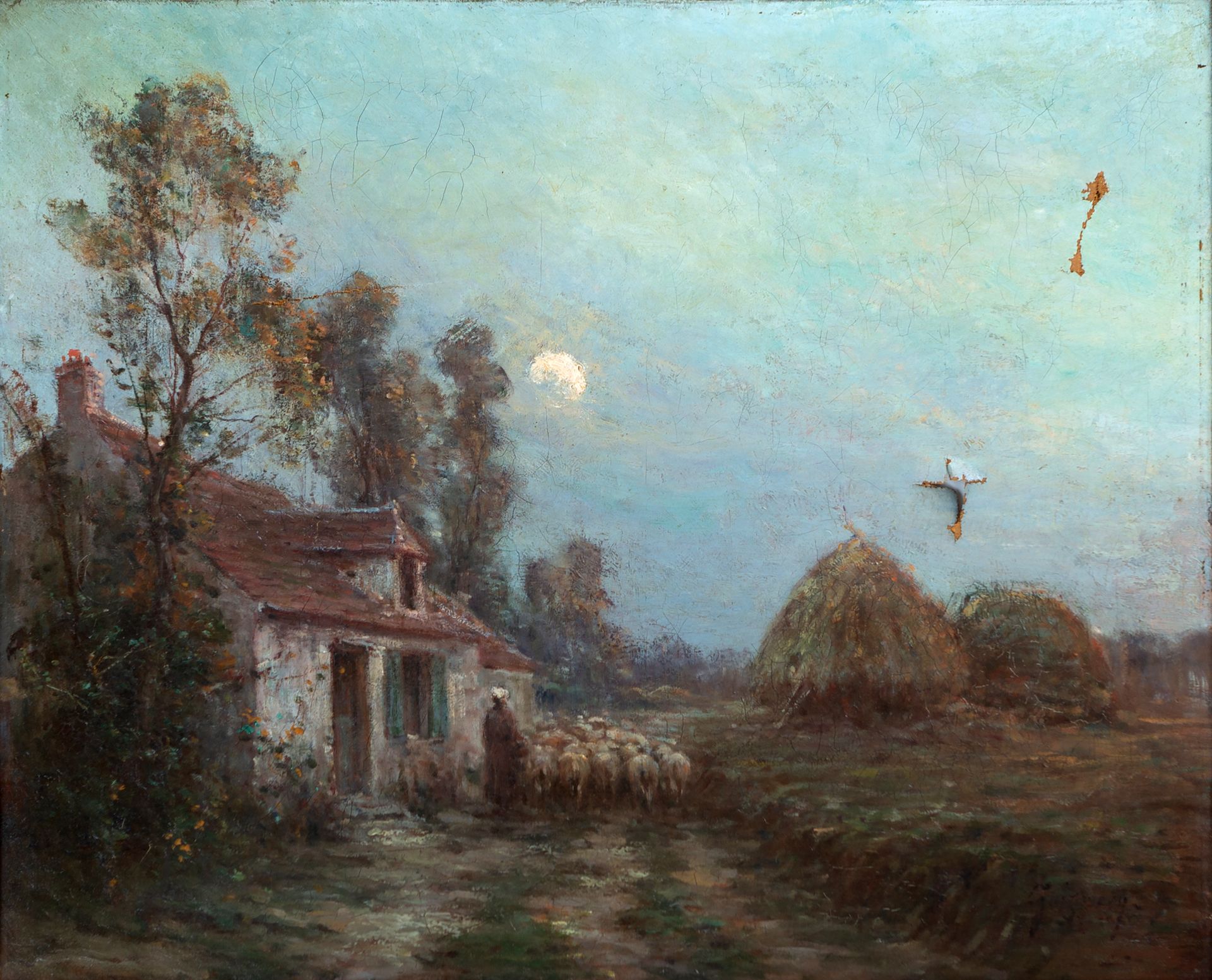 Null 古斯塔夫-吉尼里(1869-1941)

牧羊女和她的羊群

布面油画，右下角有签名，背面有标题 "瓦兹河畔昆西的秋夜（塞纳-瓦兹）"。

一个小的凹&hellip;