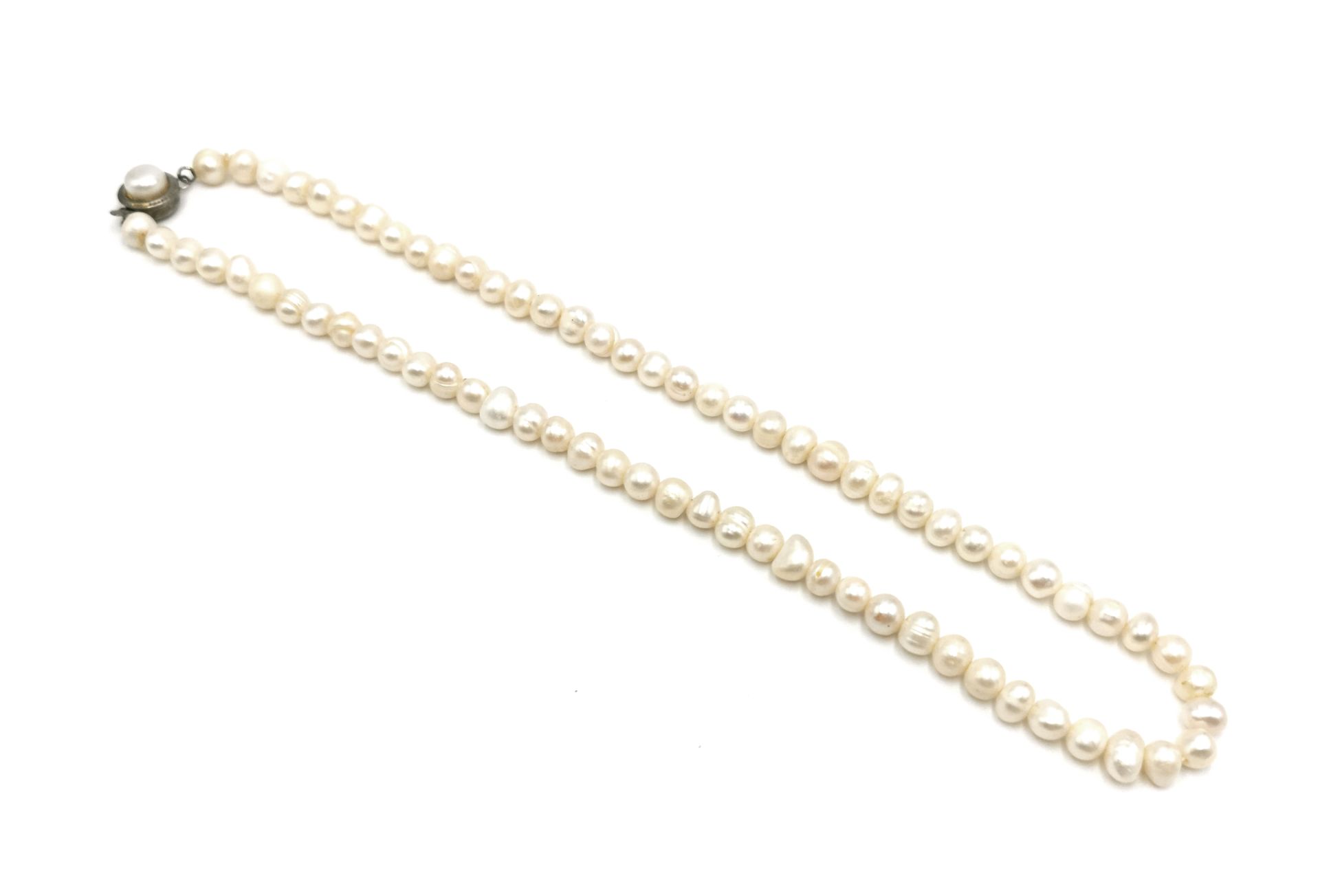 Null 由白色养殖珍珠制成的项链。镀银金属扣饰有一颗珍珠。

长度：44厘米

毛重：27.9克。