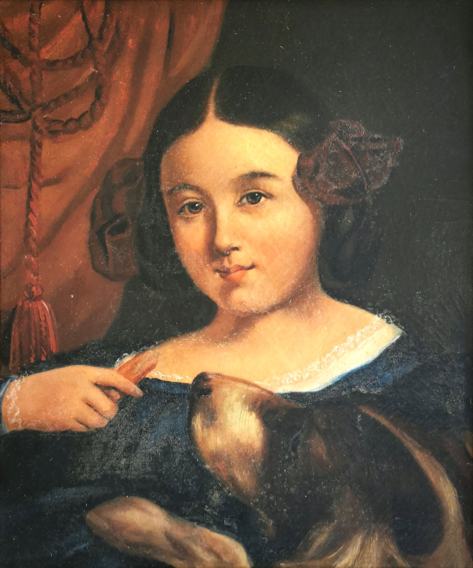 Null 19世纪的学校

年轻的女孩和一只狗

布面油画

46,5 x 38 cm

带框，磨损，安纳修复