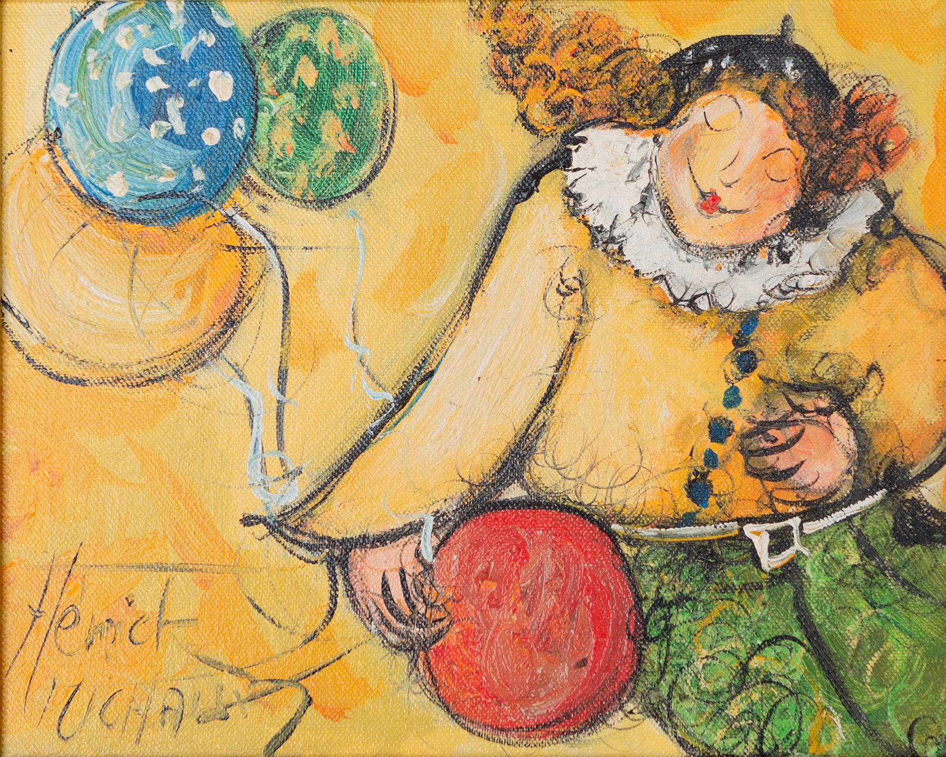 Null 希里克-米修（生于1954年

气球商人

布面油画，背面有签名、会签和标题

22 x 27 cm

有框