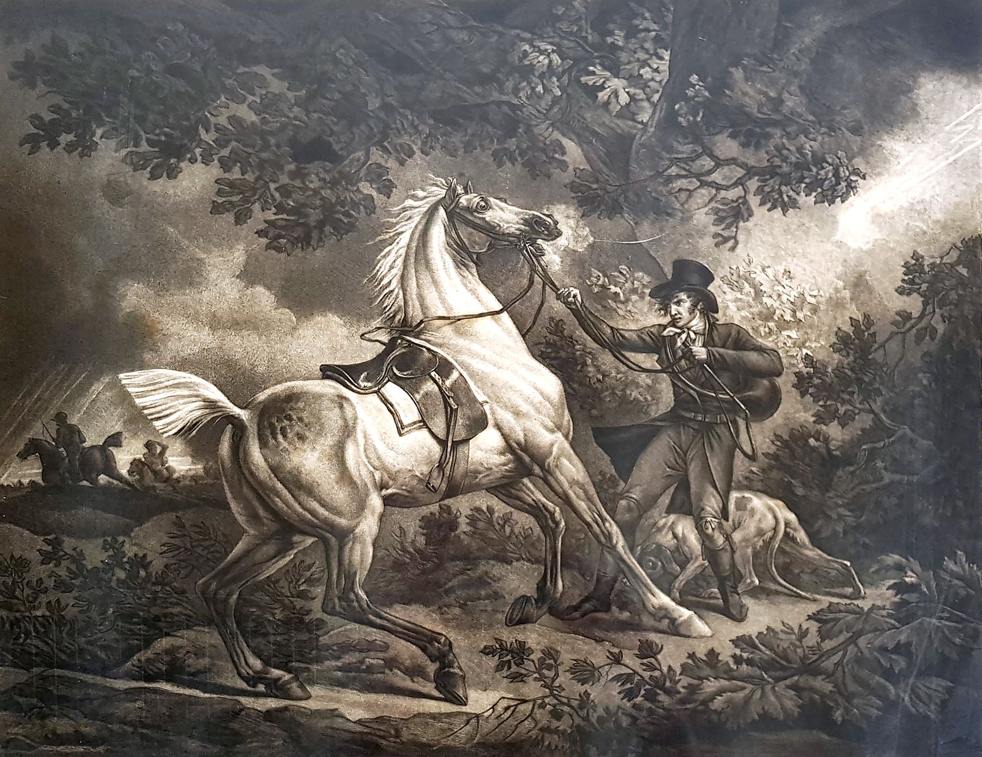 Null 仿照卡尔-韦尔内（1758-1836）和菲利贝尔-路易-德布库尔（1765-1832）的作品

被闪电吓坏的马

带说明的黑色雕刻品，19世纪

58&hellip;