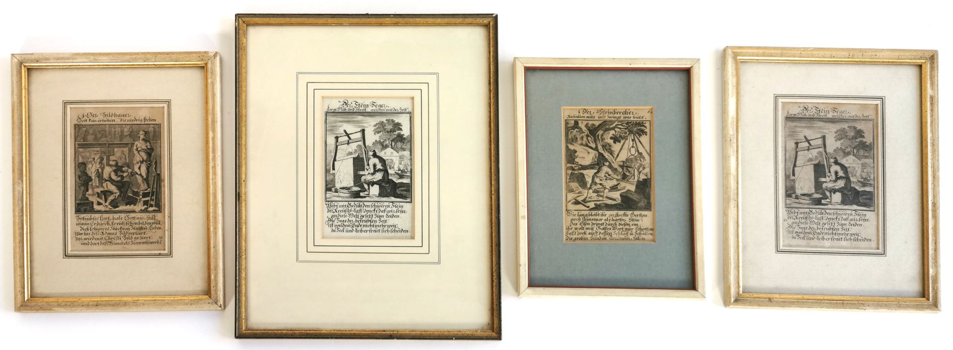 Null 雕塑艺术，18世纪

四幅描述雕塑家工作的不同阶段的内文版画组曲，德文文本，两块相同的版。

13,5 x 8,5 cm，每张都是见过的。

有框