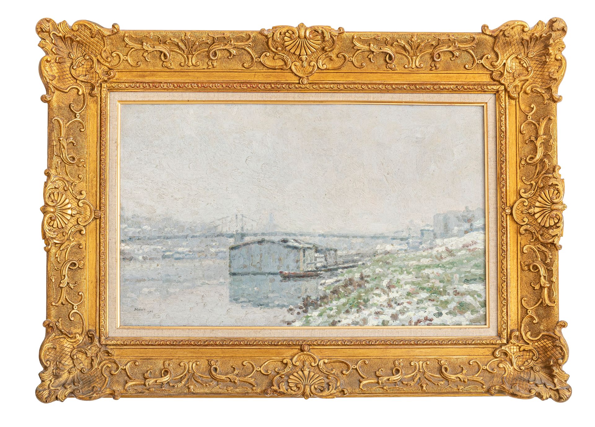 Null 埃米尔-路易斯-梅特 (1893/94-1933)

查宁顿-勒庞的雪下洗船

布面油画，已签署并注明日期为1902年

38 x 61 厘米

有框&hellip;