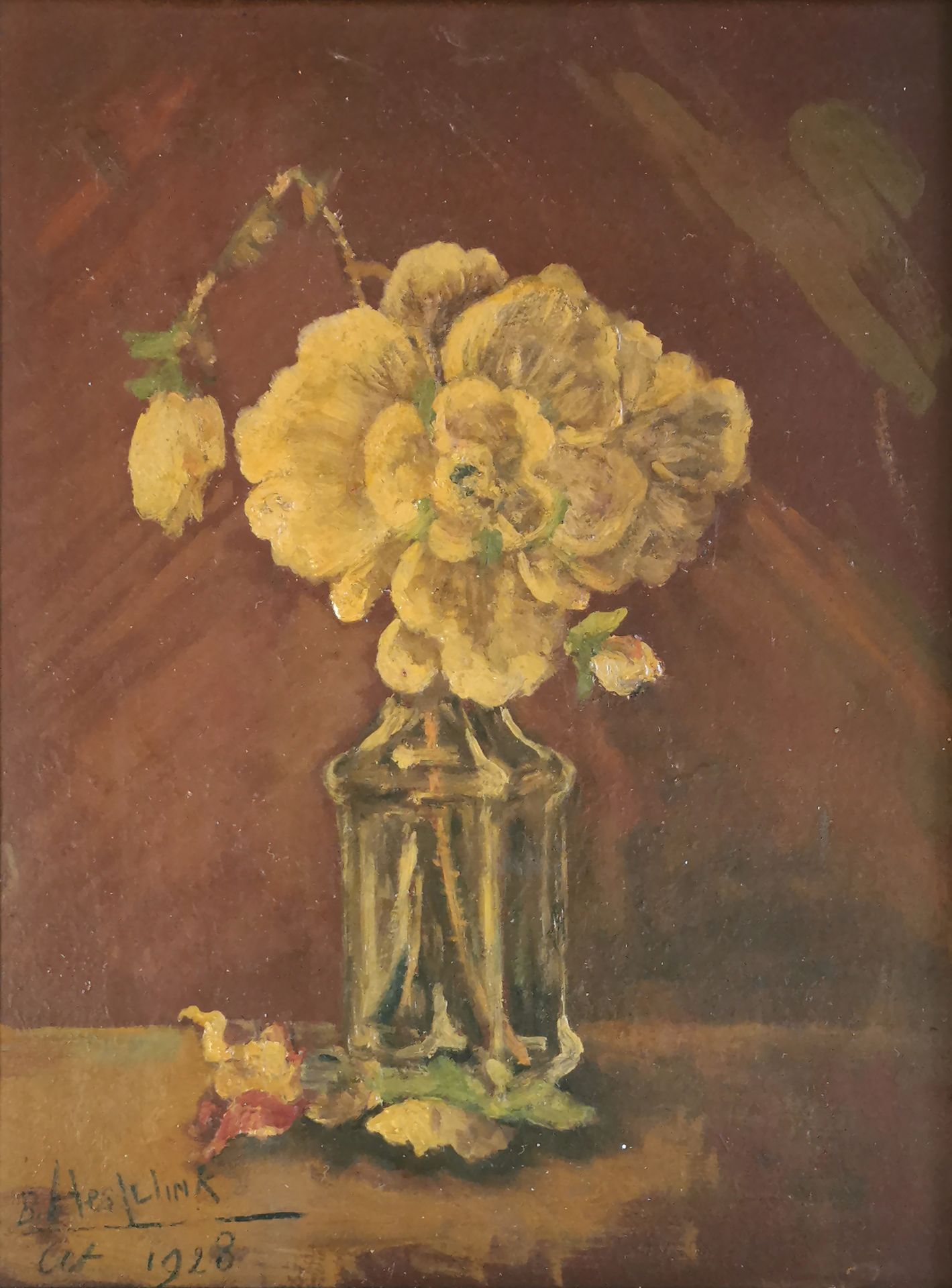 Null B.HESLUINK(20世纪学校)

花，1928年

板上油画，签名和日期为 "1928年10月"。

34.5 x 27 cm

有框