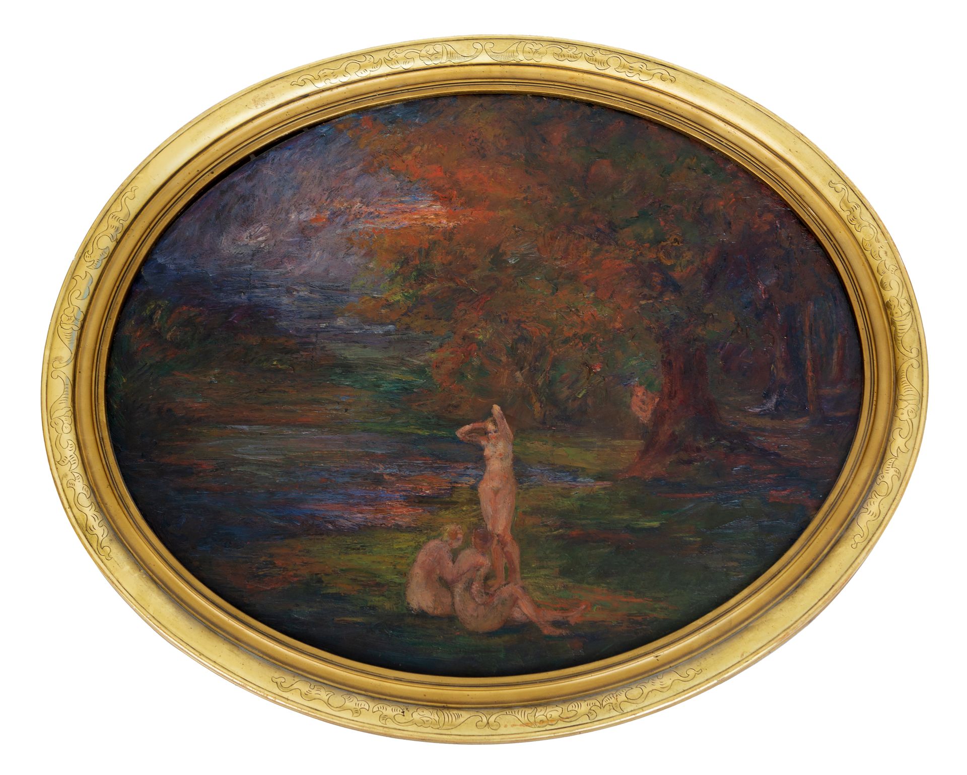 Null 20世纪初的后印象主义画派

树后的三个仙女和一个萨提尔

布面油画，无签名

画框背面有红色粉笔写的545号

60 x 73 cm (椭圆格式)
&hellip;