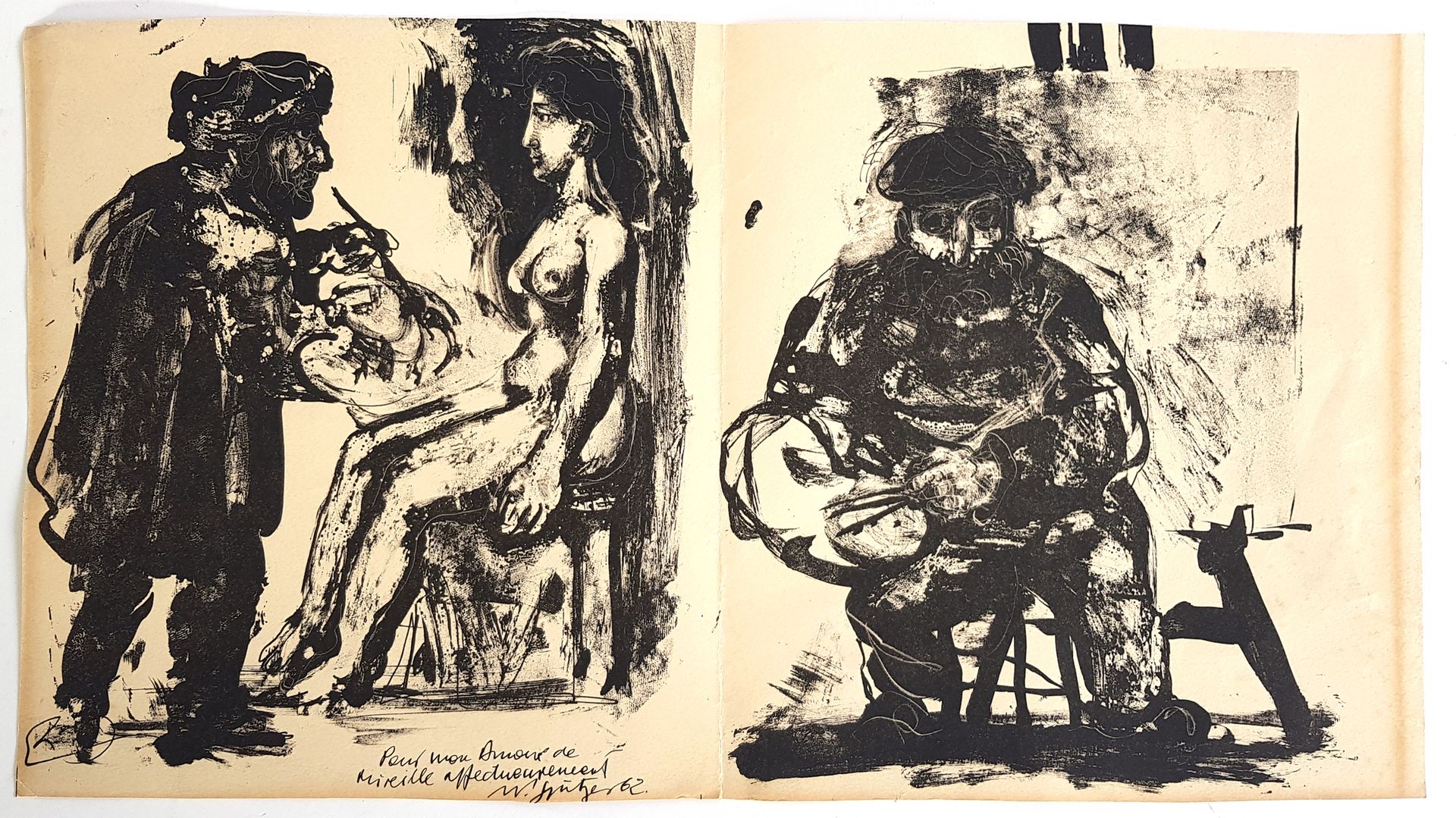 Null W.GINTZER（20世纪的学校

画家和他的模特

两幅版画，已签名，日期为62年，献给 "Pour mon Amour de Mireille &hellip;
