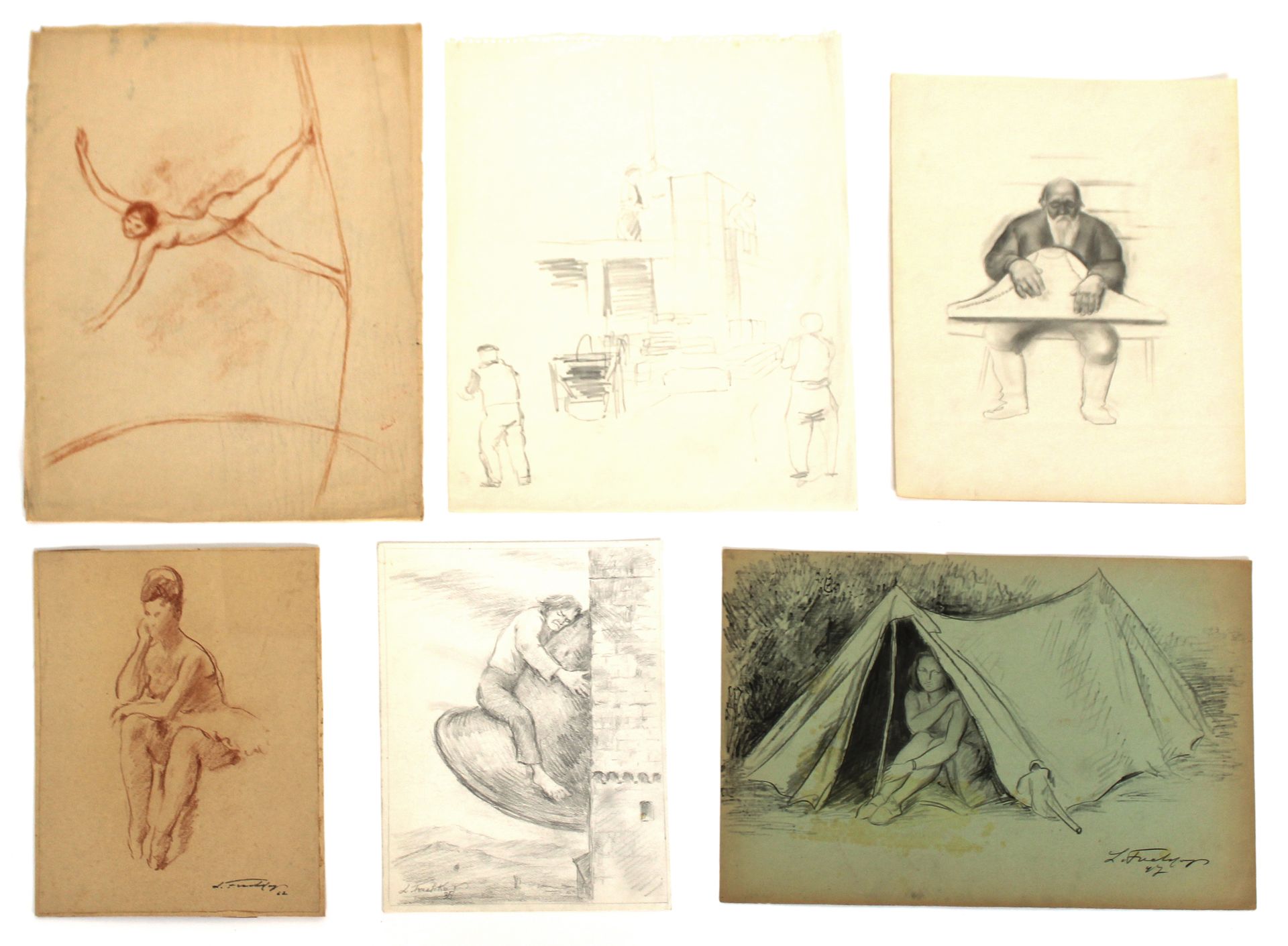 Null 列昂尼德-弗列克霍普[俄语](1897-1982)

一套六幅纸上绘画，包括一幅红褐色和一幅棕褐色

三幅署名为35、47和62的画作

尺寸在25.&hellip;