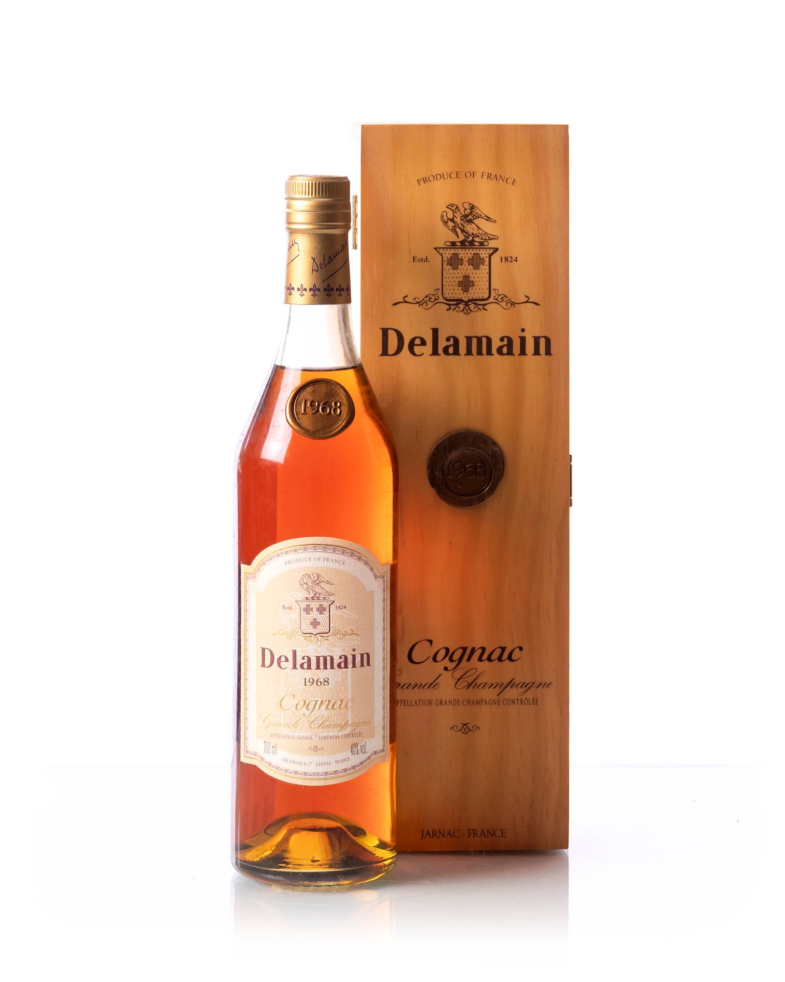 Null 1 bouteille (75 cl. – 40°) COGNAC Grande Champagne DELAMAIN
Année : 1968
Ap&hellip;