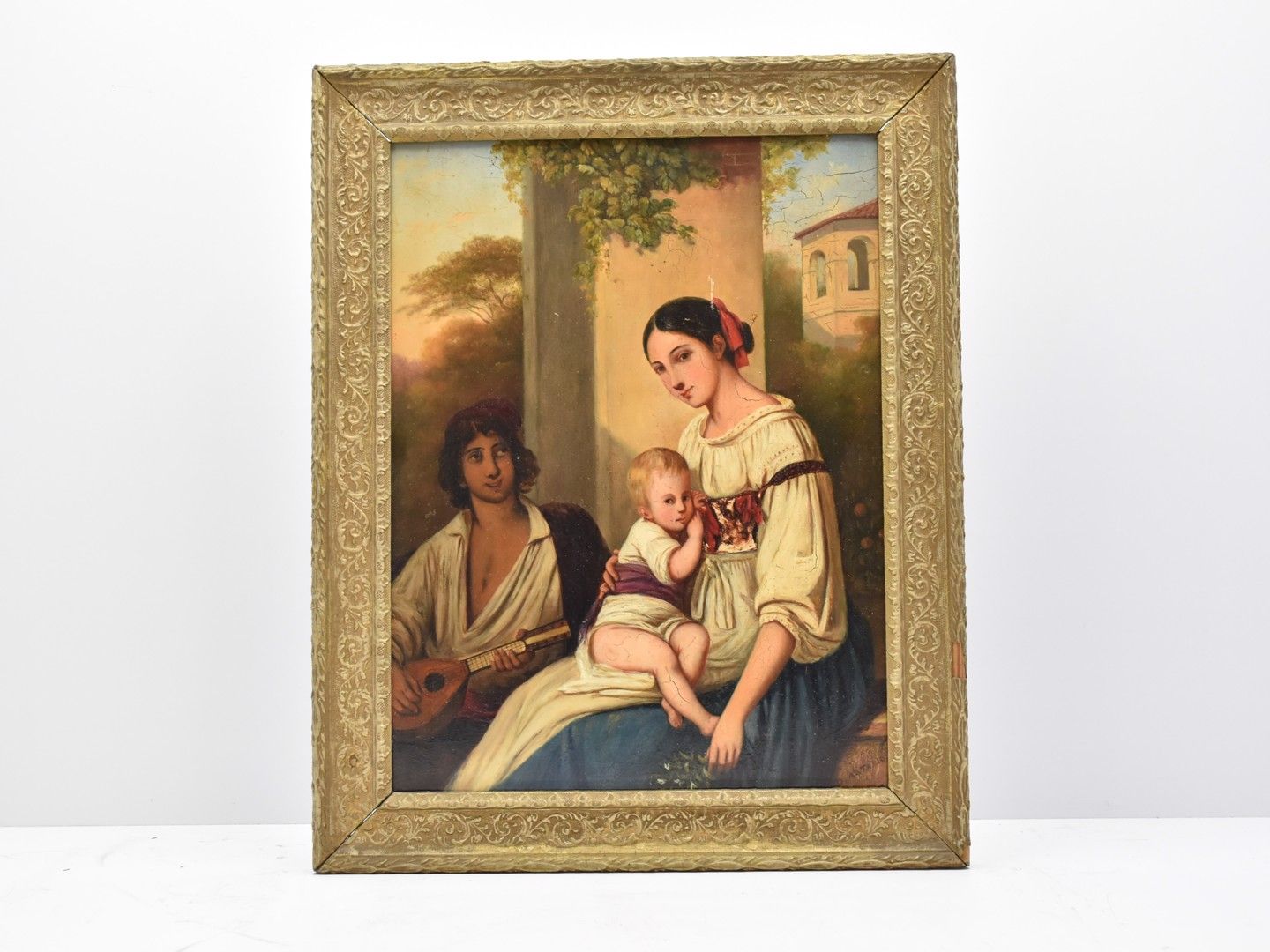 Null 橡木板上的油画 意大利学校 19世纪 署名D.ARTARIO "音乐家与女人和孩子 "面板的背面标有：Roberson & Co -Long Acre&hellip;