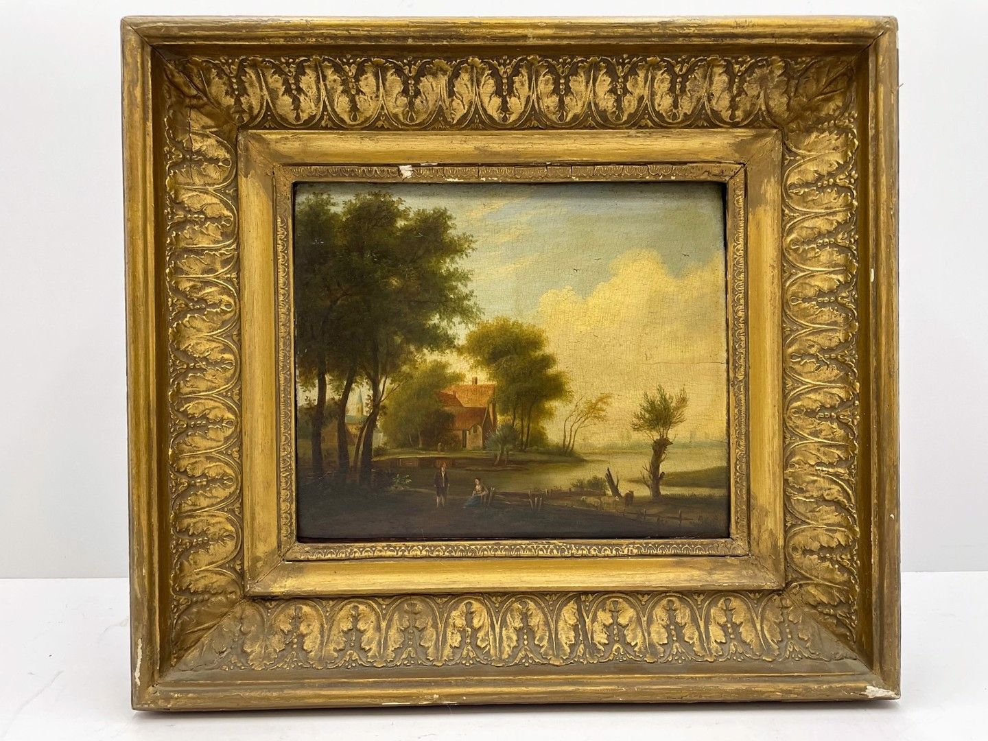 Null 橡木板上的油画，无署名 "风景中的人物和动物"，18-19世纪，尺寸为24 x 28厘米，带框架39 x 43厘米。