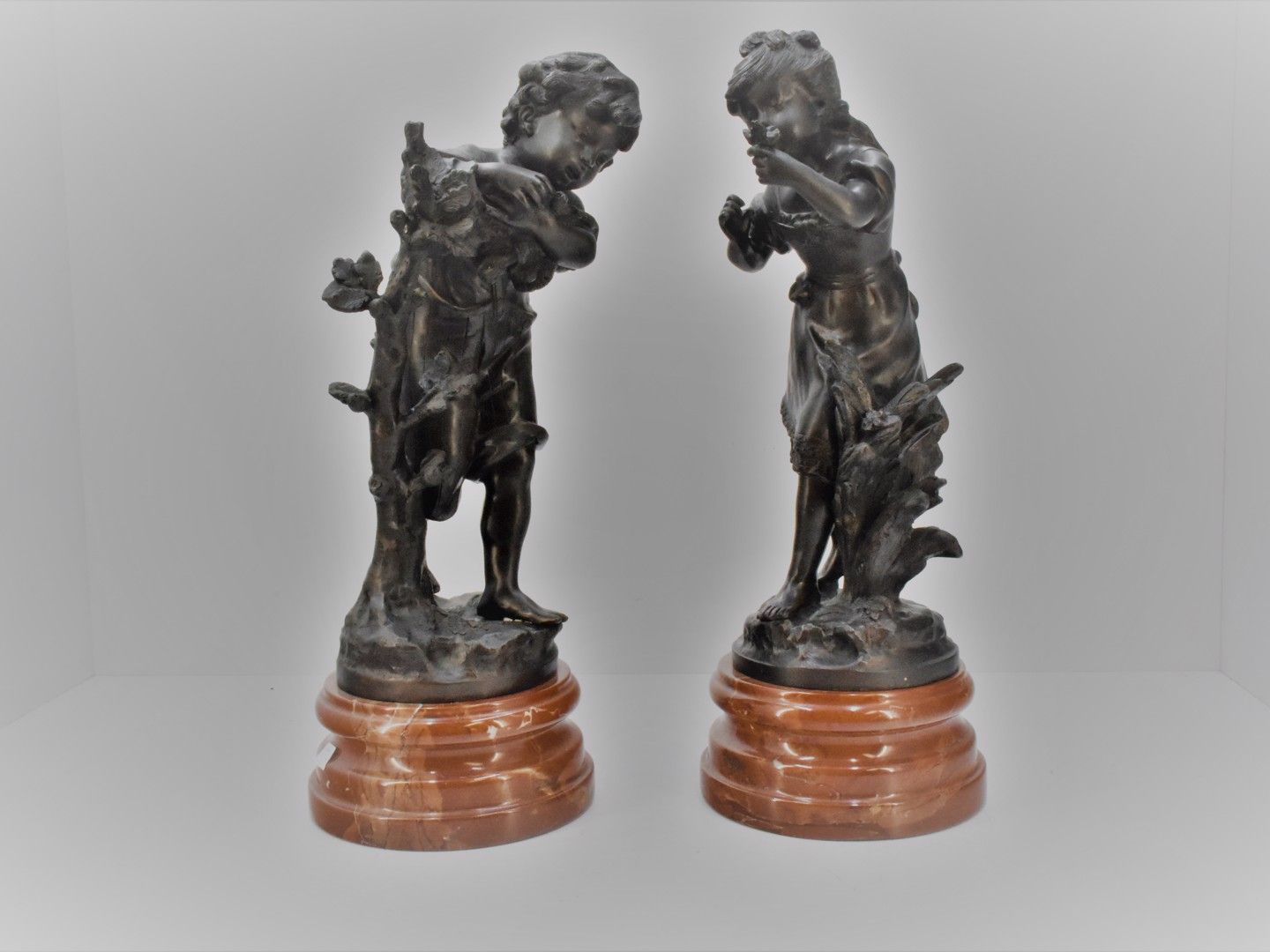 Null Two bronzes signed after Auguste MOREAU [1834-1917] "Boy and girl with bird&hellip;