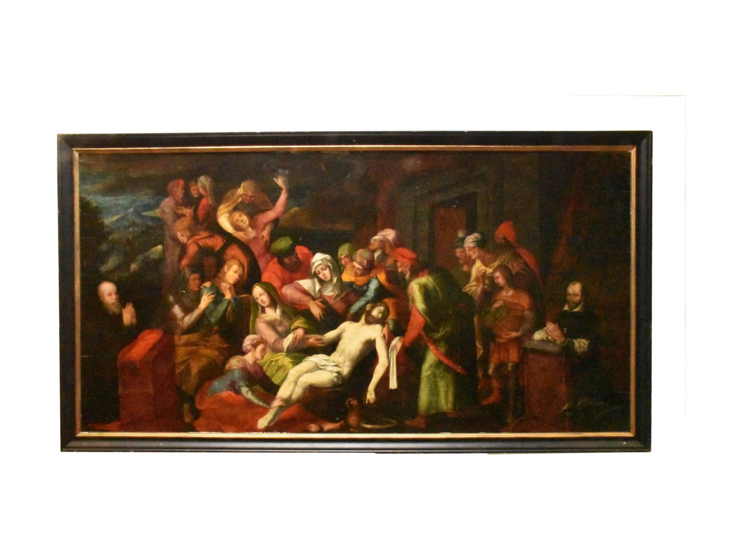 Null 签名为Lebourg的油画，日期为1619年 "从十字架上下来"，尺寸为97 x 190厘米，框架为109 x 202厘米。