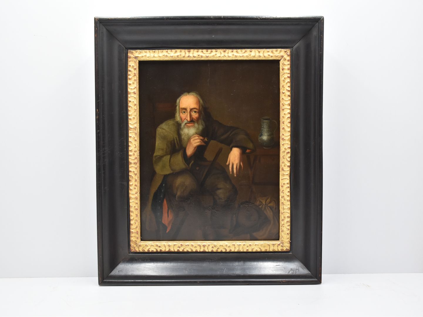 Null 橡木板上的油画 18-17世纪 "带烟斗的老人 "尺寸为42 x 32厘米，框架为56 x 44厘米。
