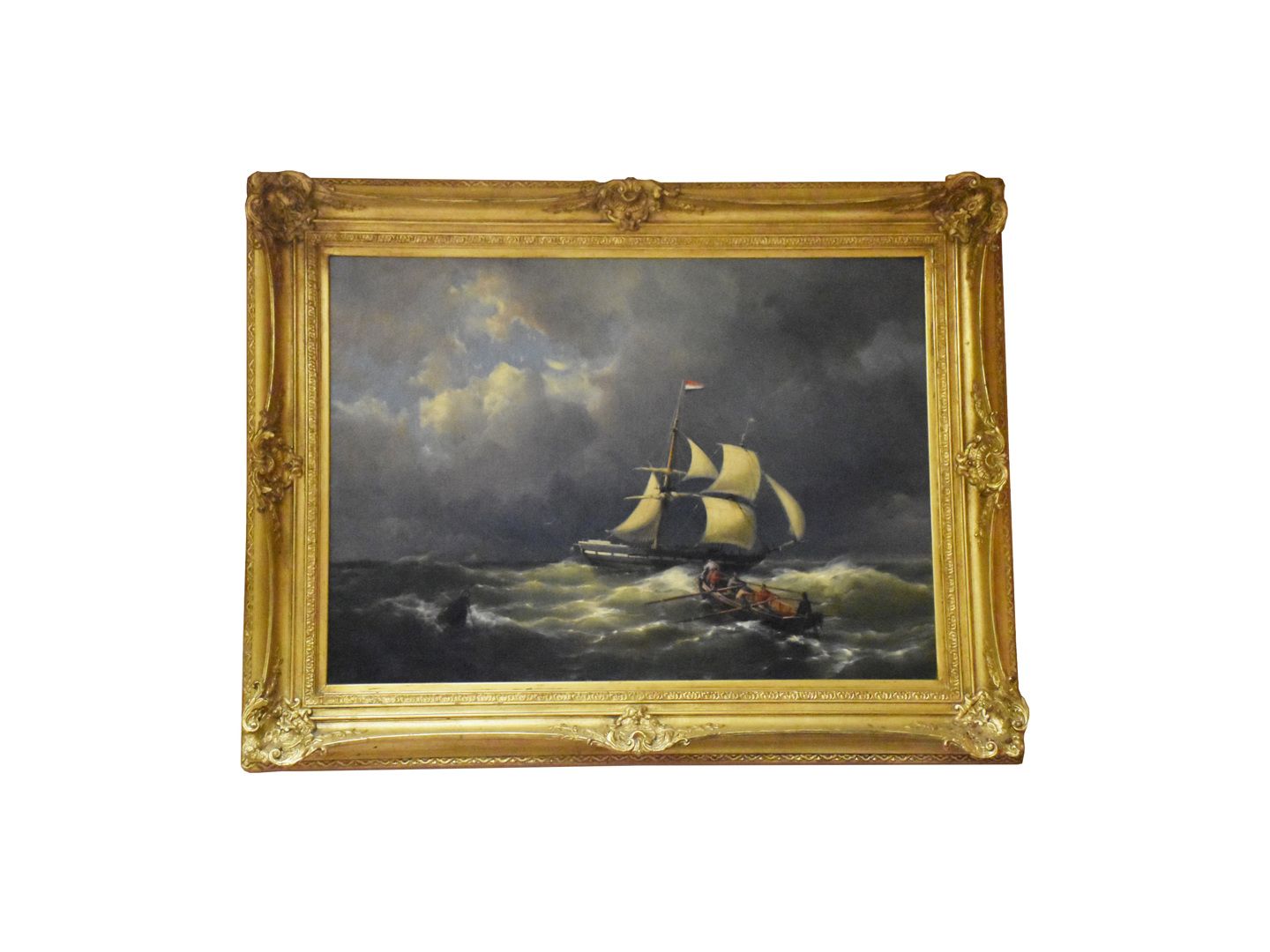 Null 画布油画，署名Hermanus KOEKKOEK jr [1836-1909]，日期为1863年，"粗糙海面上的老帆船"，尺寸为64 x 92厘米。