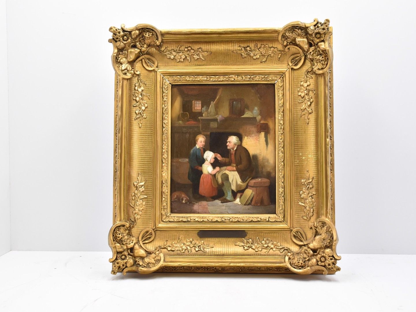 Null 斐迪南-德-布雷克勒[1792-1883]的橡木板油画《室内的人们》尺寸为27 x 21厘米，框架为48 x 43厘米。