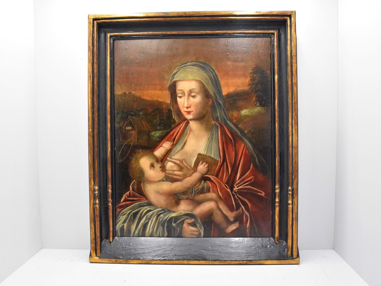 Null 镶木板油画 "母与子 "16世纪，尺寸67 x 50厘米，框架77 x 64厘米。