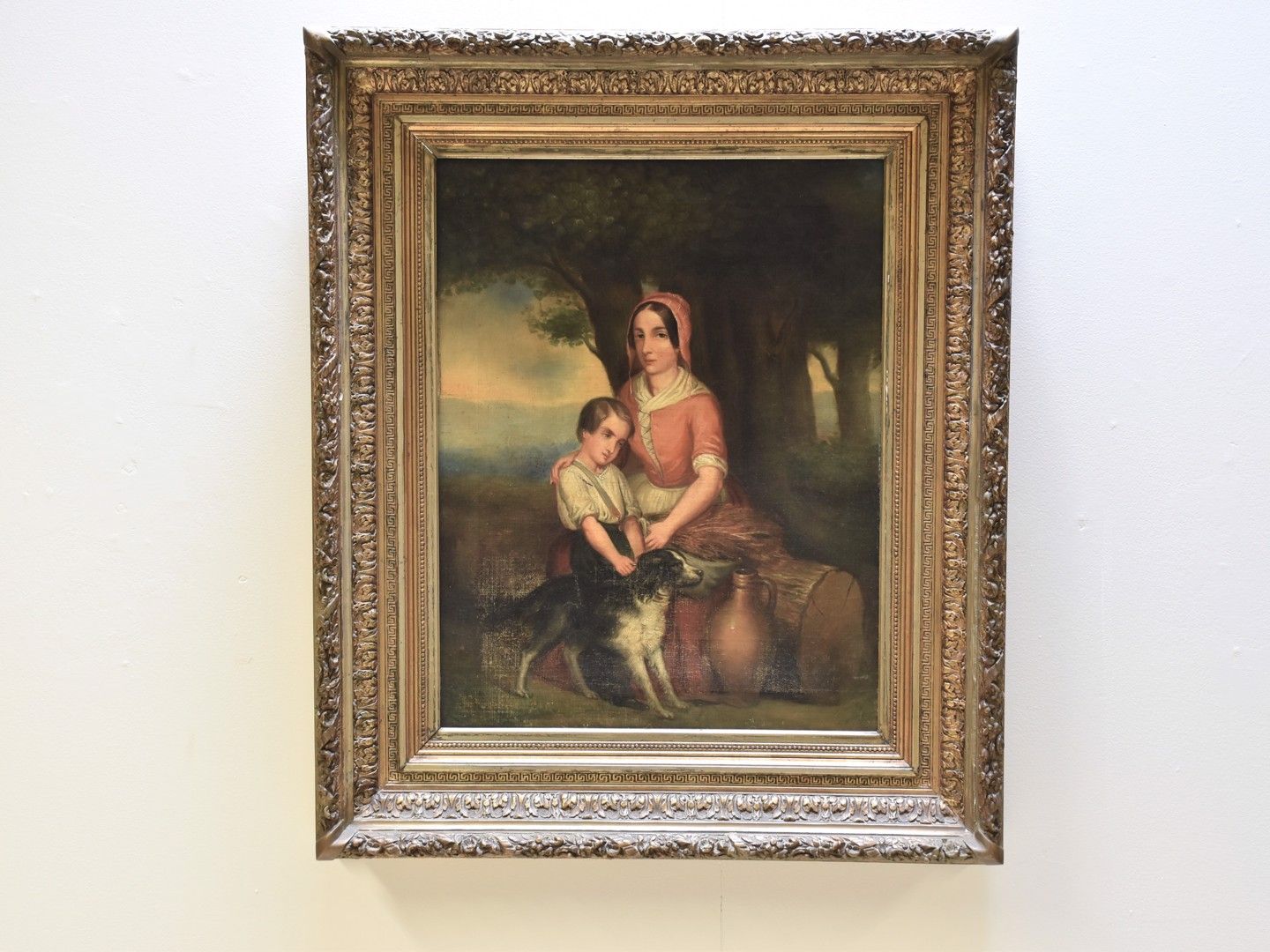 Null 无署名的布面油画 "森林中的母子和狗"，尺寸为58 x 45厘米，带框架81 x 68厘米。