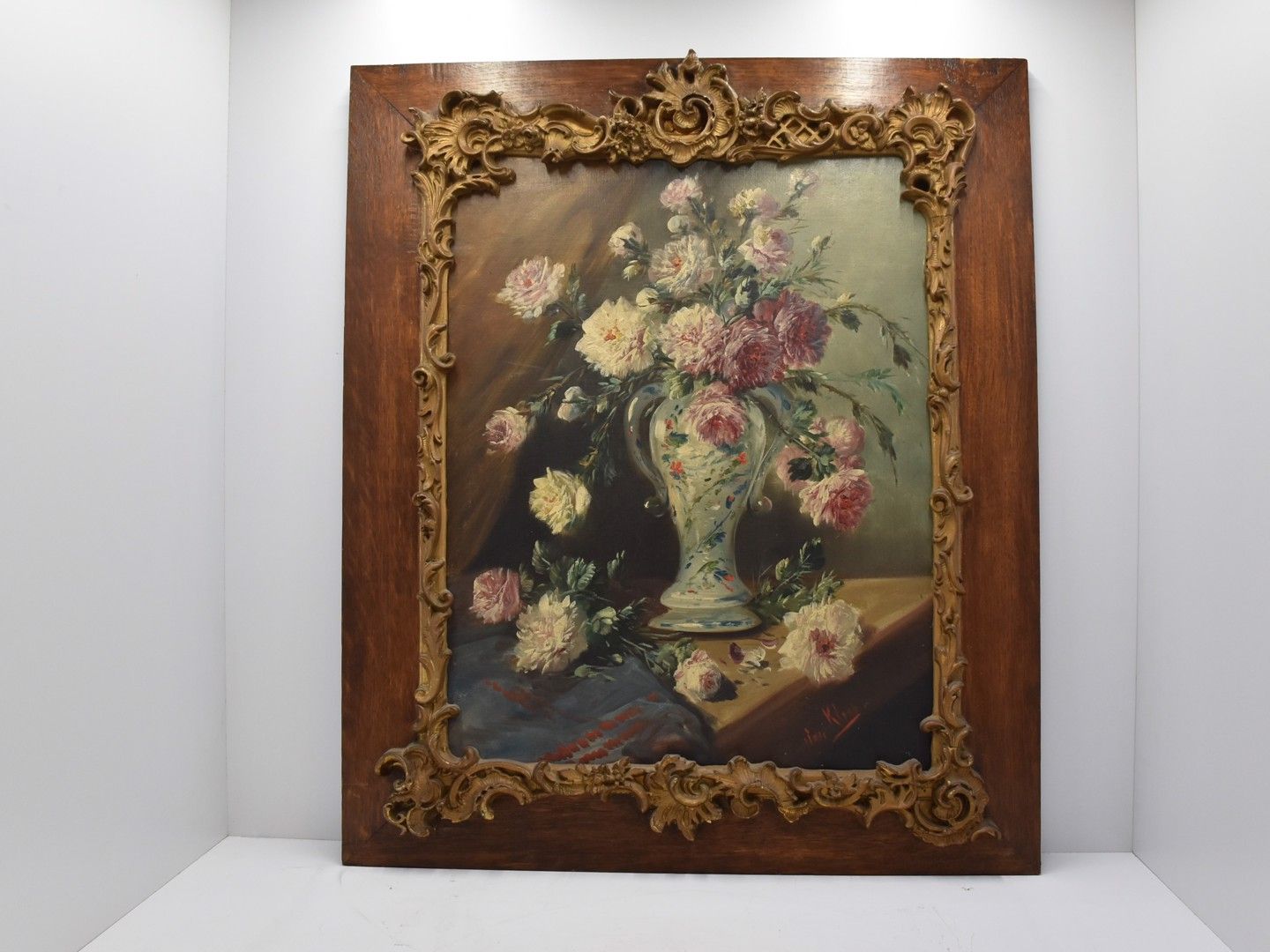 Null 画布油画，署名Jos Klaus，笔名HENRY SCHOUTEN [1827-1927] "花瓶里的花"，尺寸65 x 51厘米，框架85 x 73&hellip;