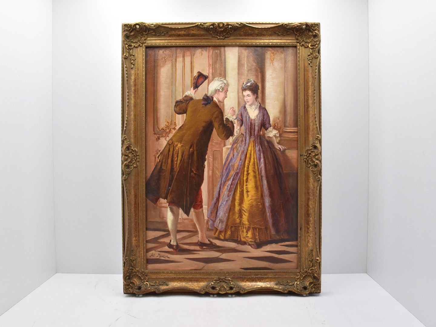 Null 布面油画，署名AD。MENZEL 1900年左右的 "Scène galante "尺寸为63 x 43厘米，框架为75 x 55厘米。