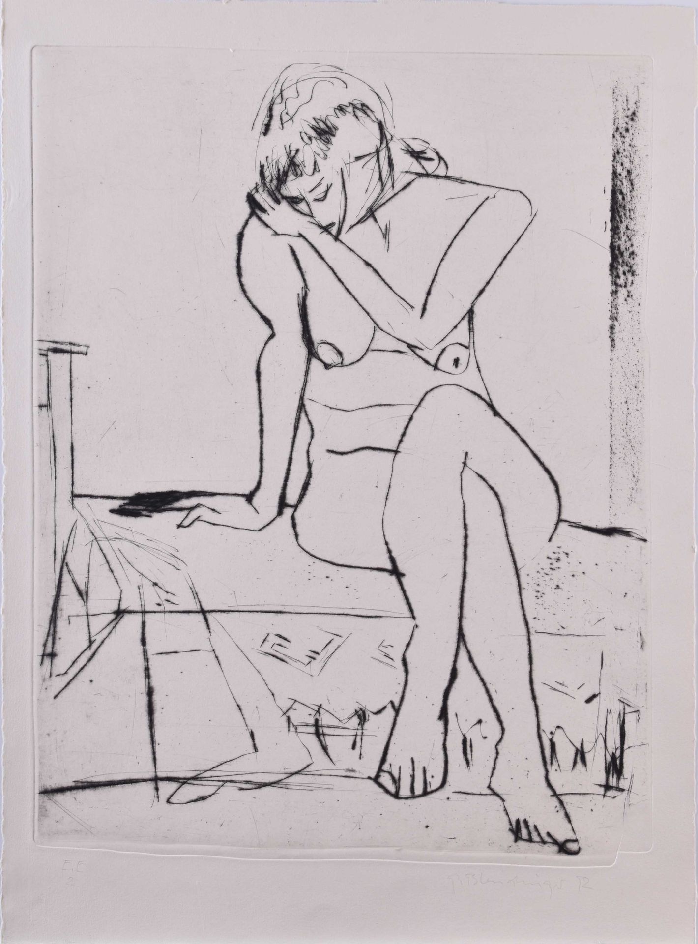 Günther BLENDINGER (1946) 裸体雕刻 - 蚀刻画，板面45厘米x 35厘米，纸张53.5厘米x 39厘米，右下方有签名和日期92，左侧有&hellip;