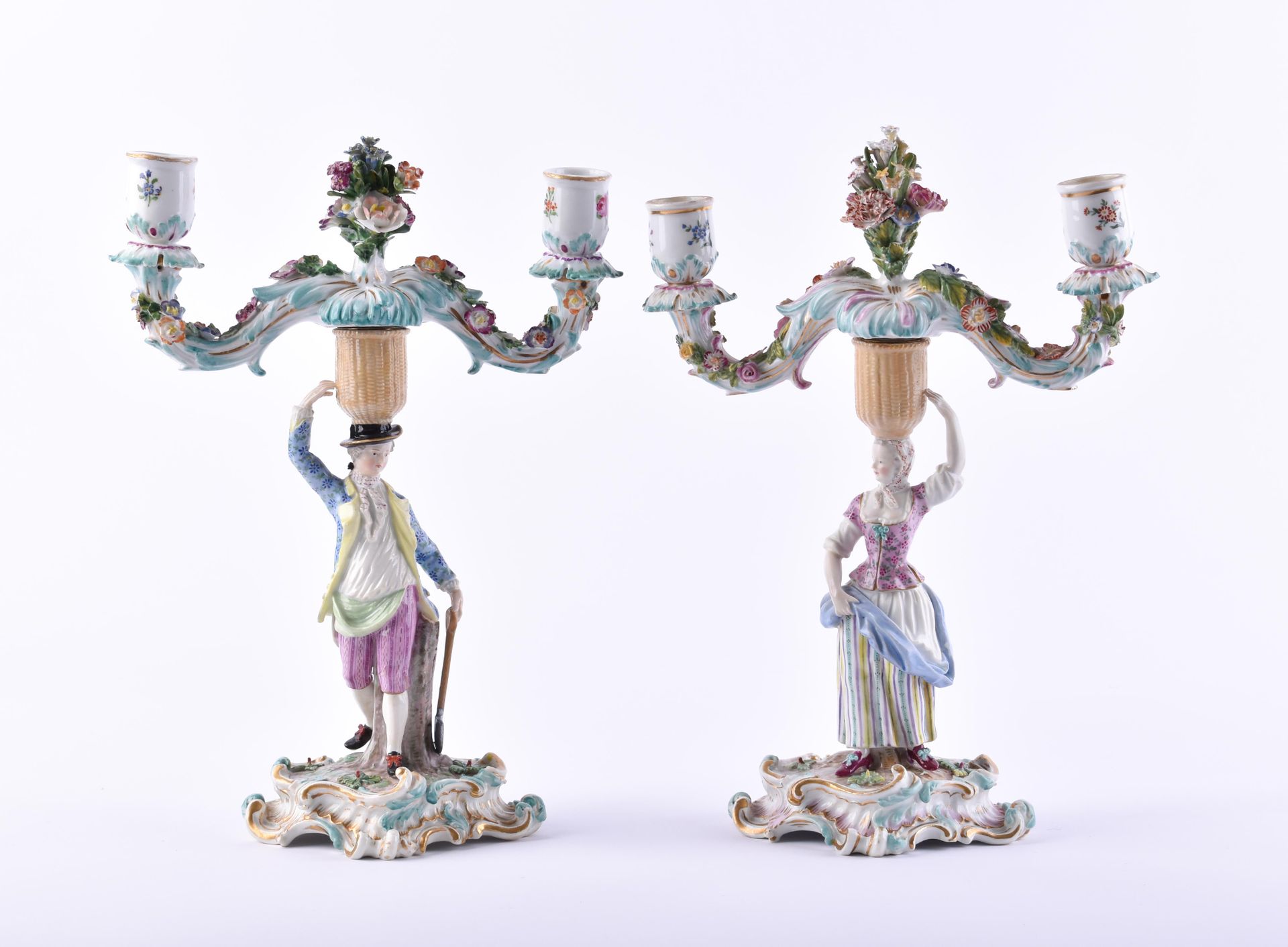 Figürliches Leuchterpaar Meissen 19 Jhd. Jardinier et femme de jardinier, paire &hellip;