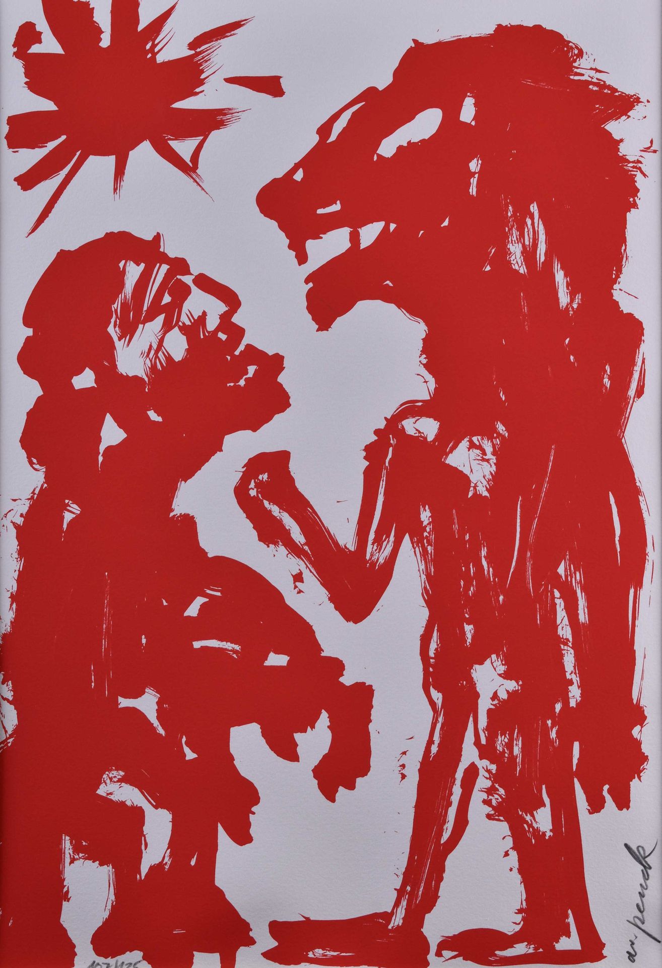 A.R. PENCK (1939-2017) 与狮子在一起的人(1991)，彩色绢印，45.5cm x 31.5cm，右下角有签名，编号107/125