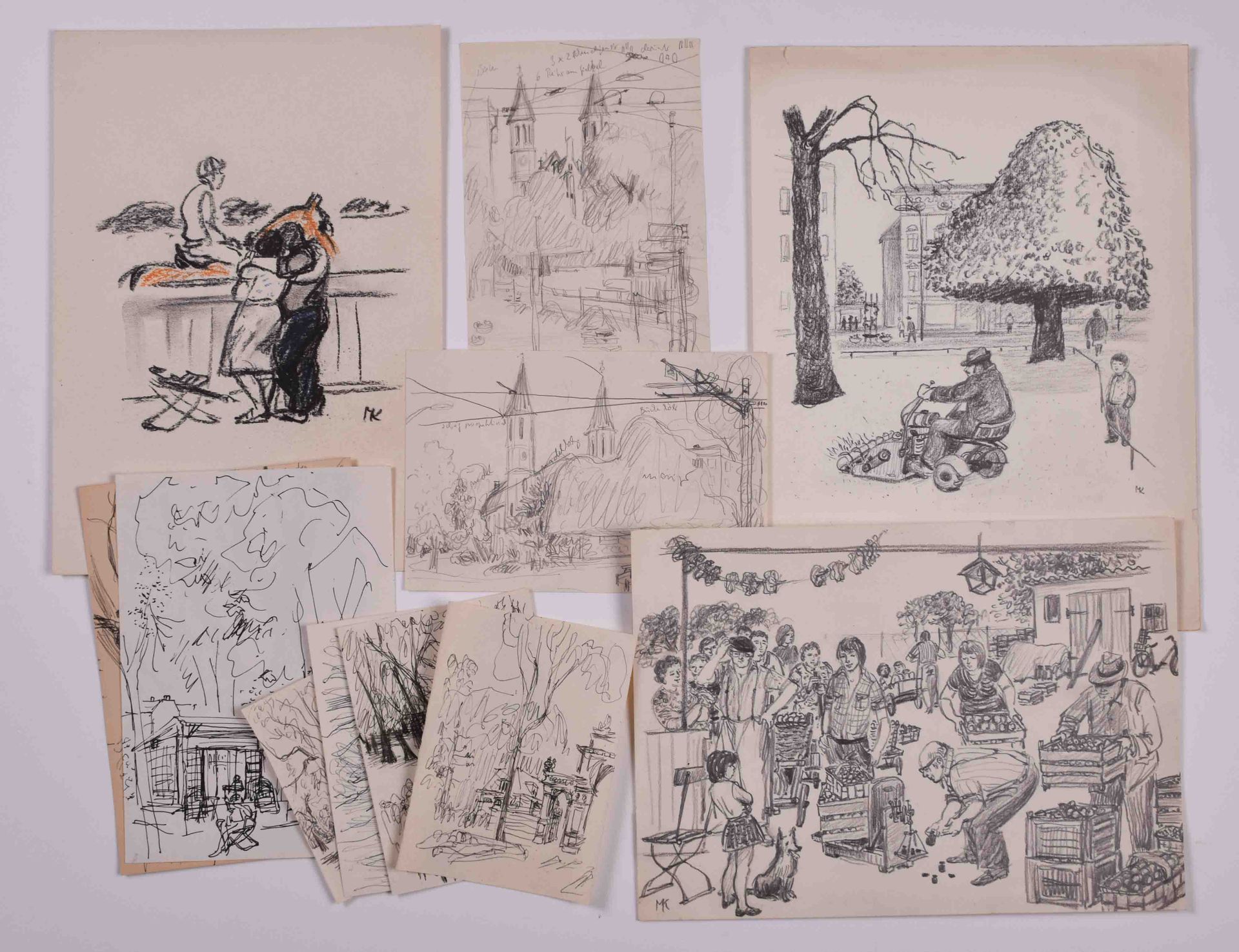 Monika Köpp (1932-2005) 潘科夫的印象10幅素描和速写，1幅彩色素描，从12厘米×8厘米到32厘米×24厘米，部分有签名，有图案和日期，包&hellip;