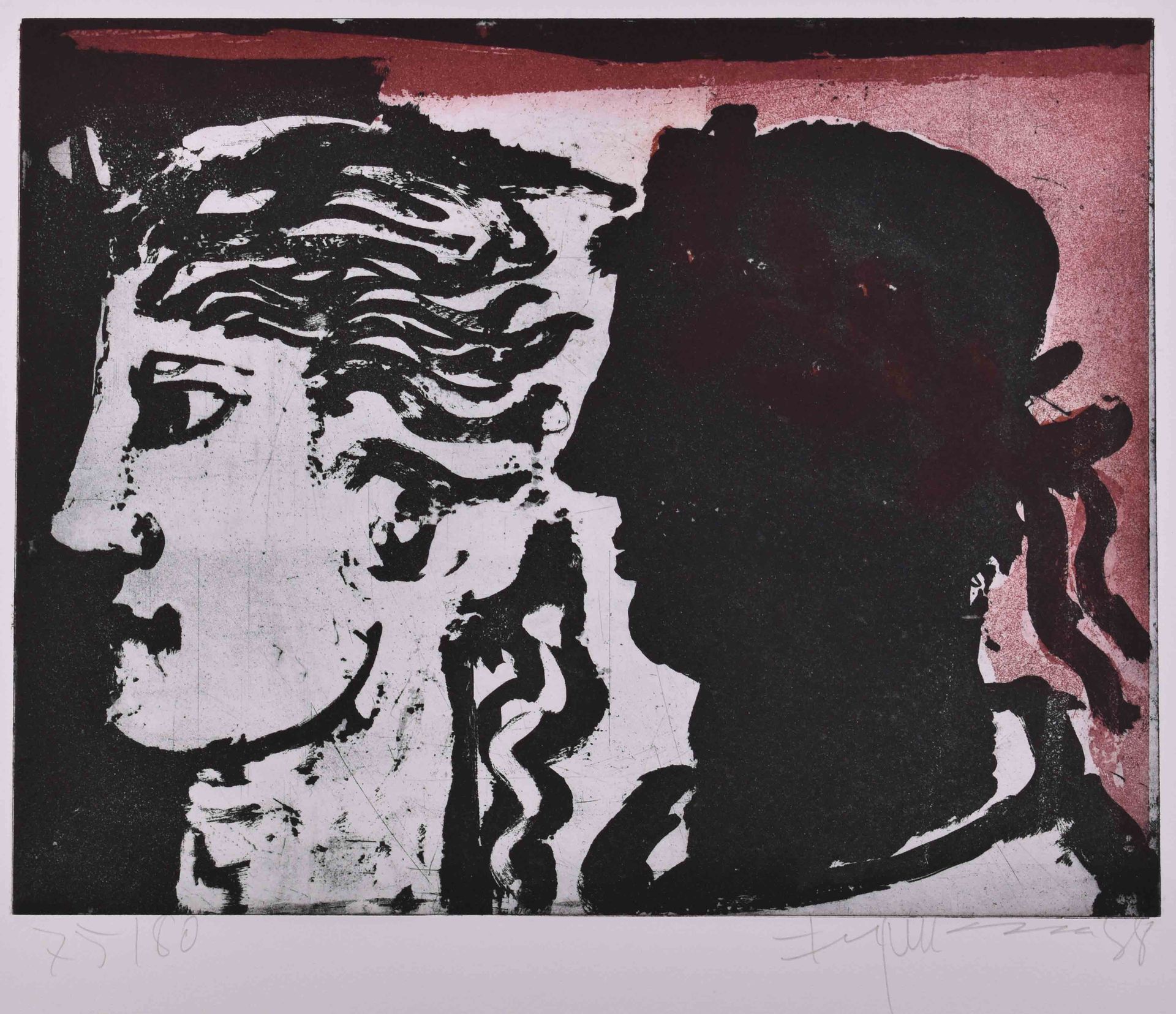 Klaus FUSSMANN (1938) 无题，头像平面水印彩色蚀刻在铺纸上，板30厘米×39厘米，纸50厘米×70厘米，右下角有签名和日期88，左下角有75&hellip;