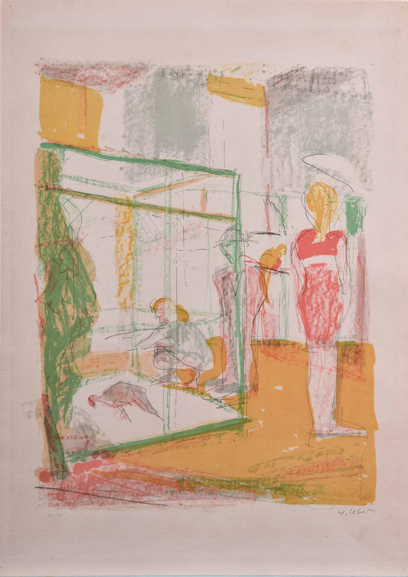 Wolfgang LEBER (1936) 无标题，约1970年图形 - 彩色石版画，48.5厘米x 35厘米，编号21/34，右下方有手写签名