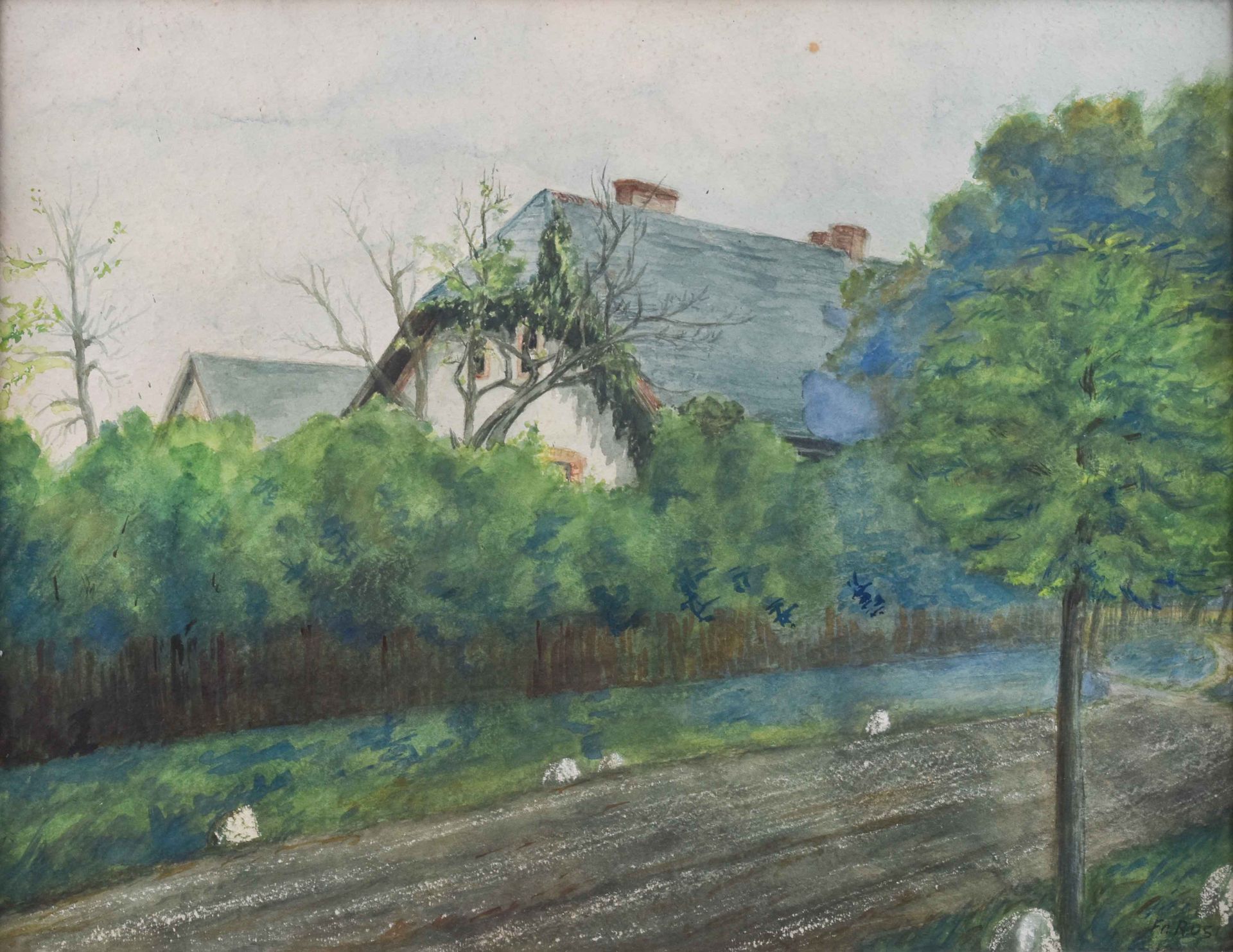 Null 
弗朗斯-罗斯(1883-1968)
"路边的房子

素描-水彩画，34厘米x44厘米。

右下方有签名
