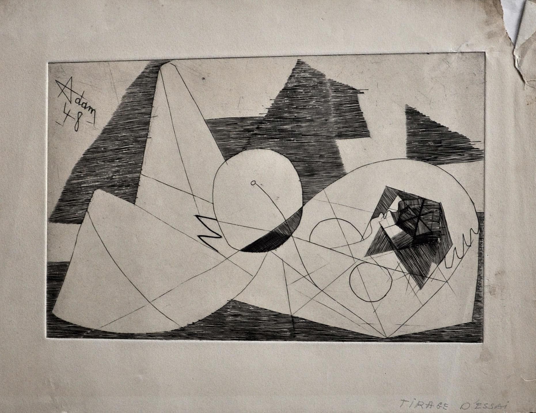 Null H-G ADAM。一套3幅錾刻版画。

- 无题》，1948年

用錾子雕刻。试印（注意到明显的撕裂）。19 x 30厘米

- 拿着水壶的人"，19&hellip;