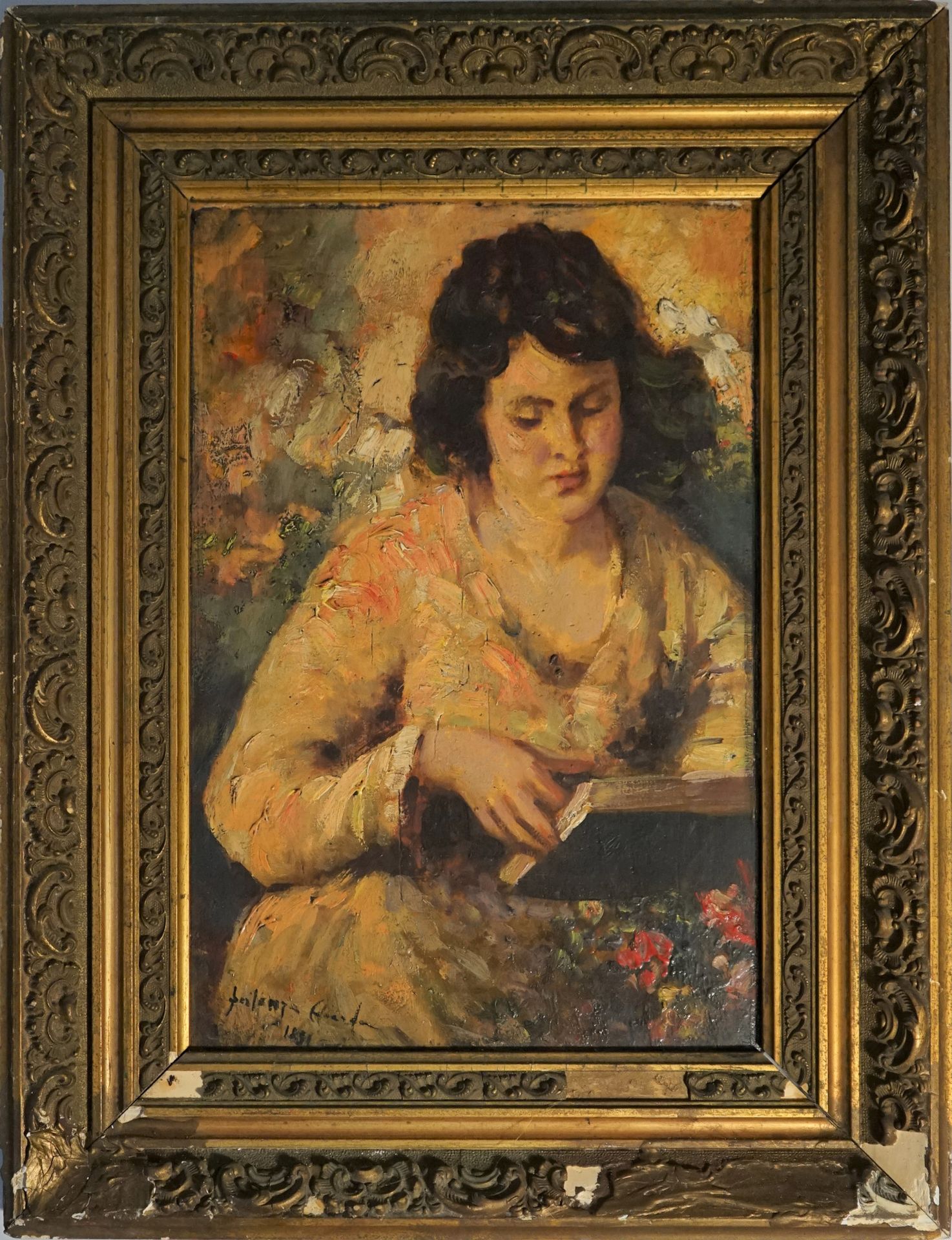 Null 意大利学校第二十期，"拿着书的年轻女人"，纸上油画粘贴在薄板或纸板上。木质框架和镀金灰泥（缺失）。32x22厘米的视线