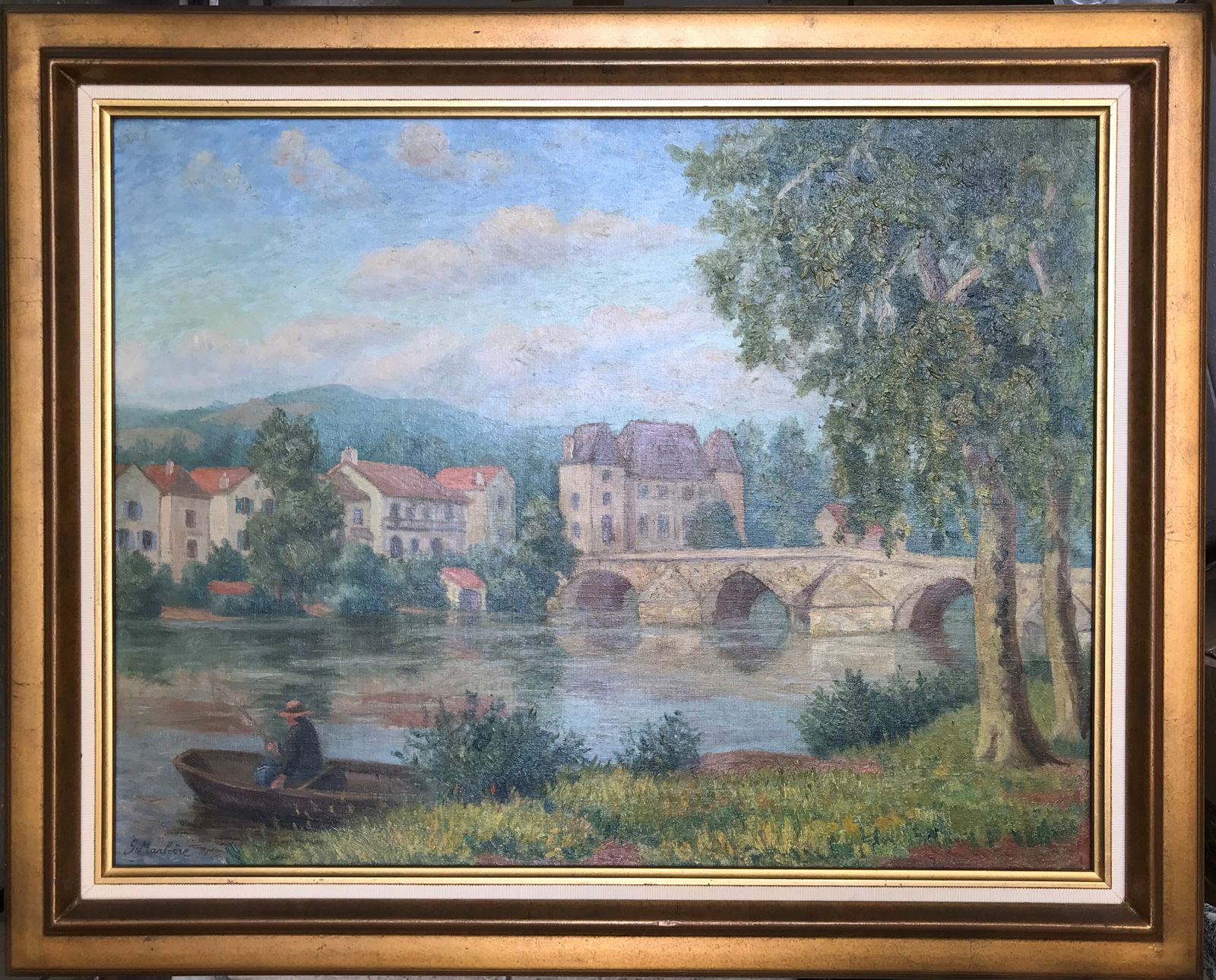 Null MARLIERE? "Rivière et pont", huile sur toile SBG. Cadre en bois doré et tis&hellip;