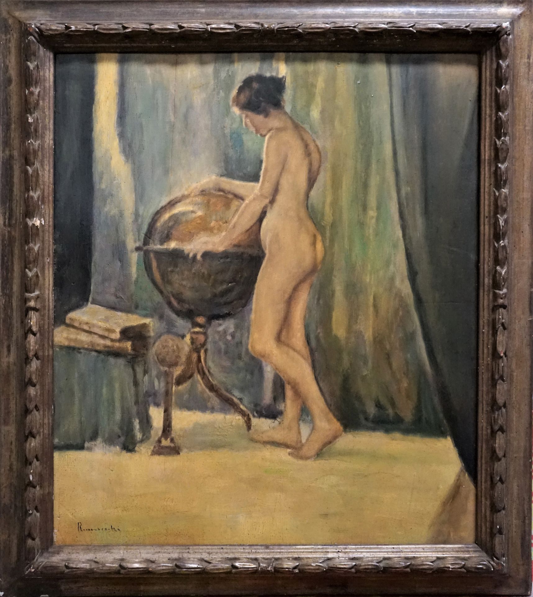 Null 二十世纪的ECOLE，"拿着地球仪的裸体女人"，在美丽的木头和镀金灰泥框架中进行了增高处理（小缺口）。62x50厘米