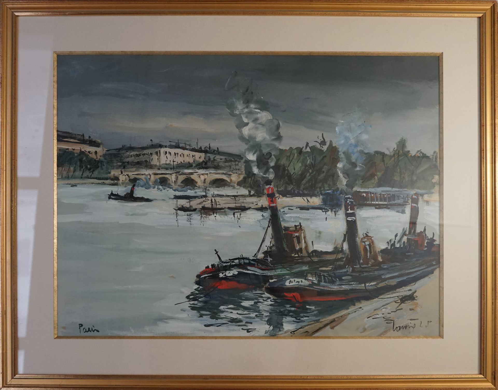 Null LAVOINE "巴黎的码头"，纸上水粉画，SBD，有框架，64.5x80cm，有框架。