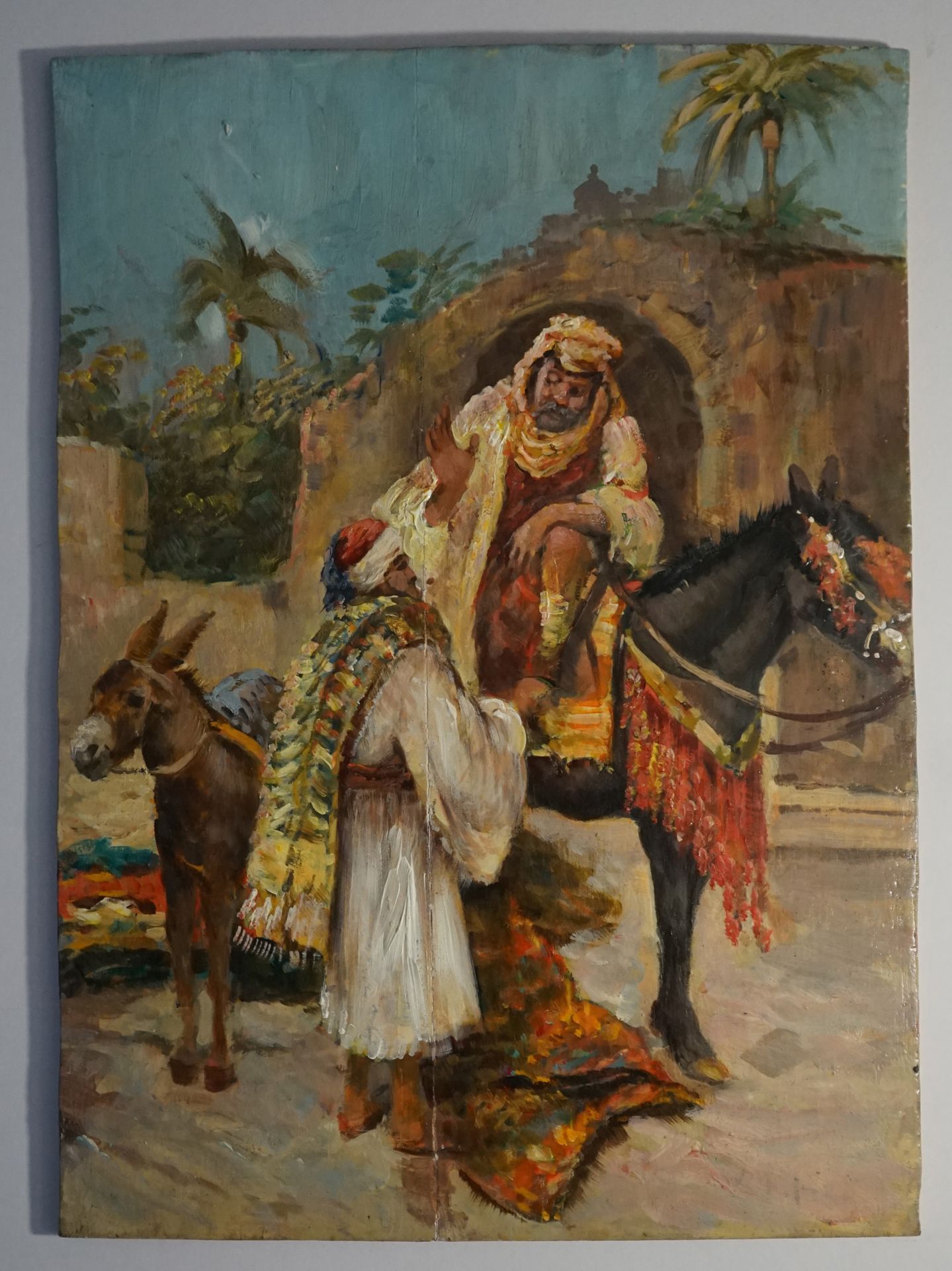 Null 东方学派，"地毯商人与马背上的人对话"。板上油彩。裂缝在后面巩固。41.5x30厘米。